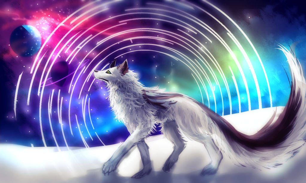 cool dreamy galaxy spiral, white wolf, snowy peak, SD Desktop Wallpaper