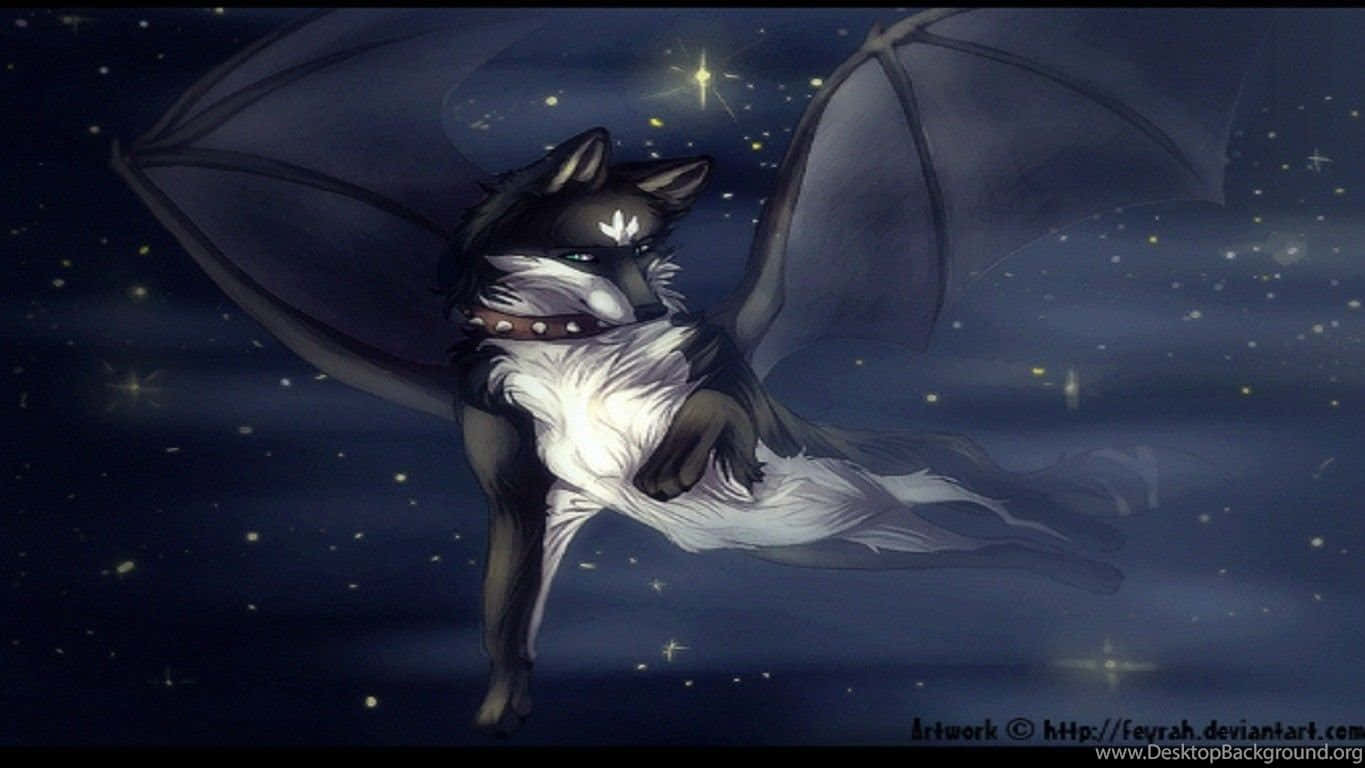 bat-winged wolf, starry night sky, glowing celestial lights, HD Desktop Wallpaper