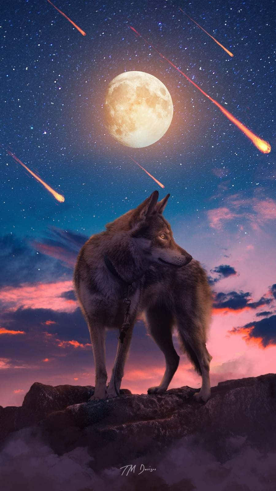 lone wolf, rocky cliff, glowing full moon, HD Phone Wallpaper