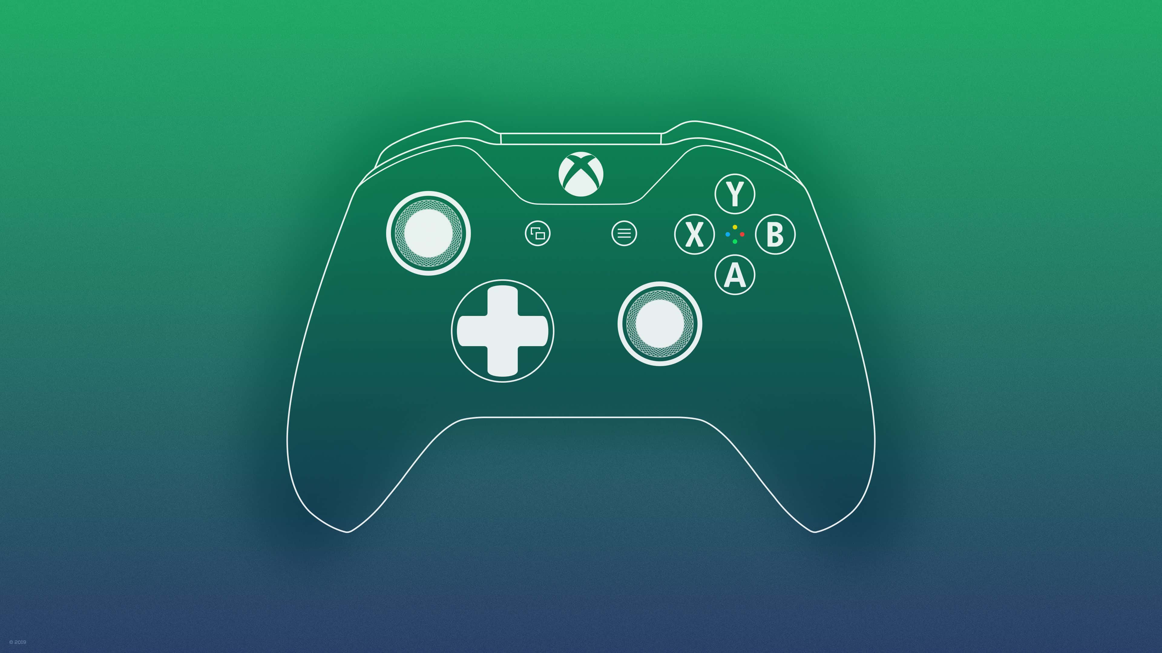 Xbox, white outlined Xbox controller, gradient green and blue background, 4K Desktop Wallpaper