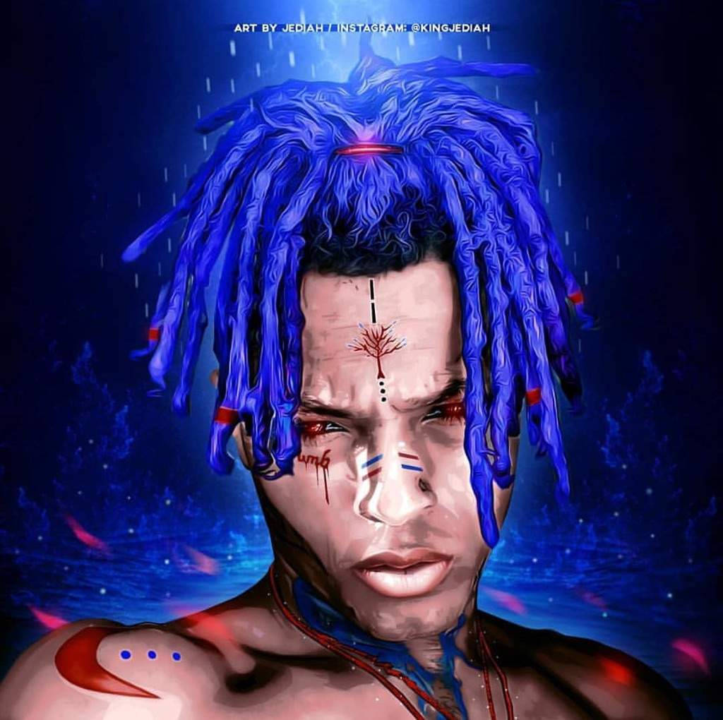Cool Blue Xxxtentacion, vivid blue dreadlocks, red markings, SD Desktop Wallpaper