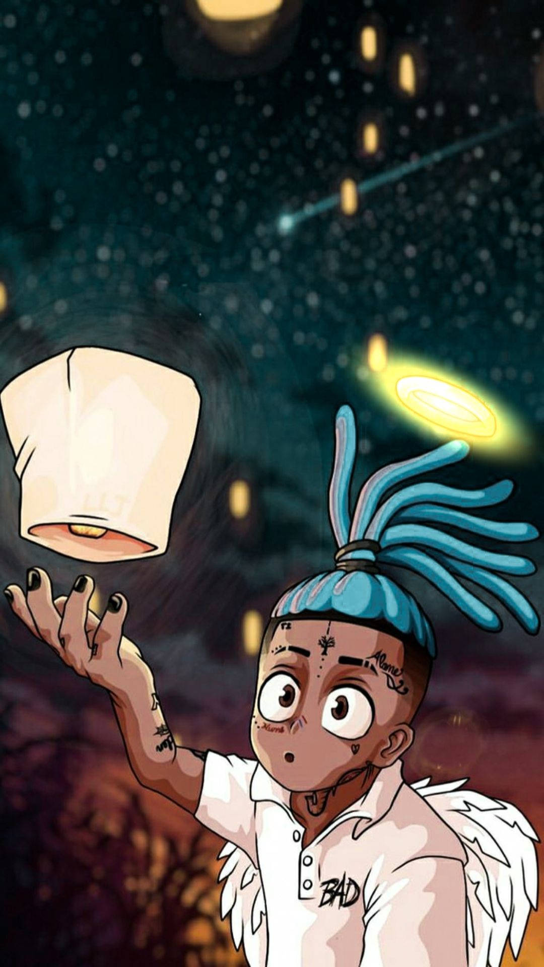 Cool Xxxtentacion, blue dreadlocks, angel wings, Full HD Phone Wallpaper