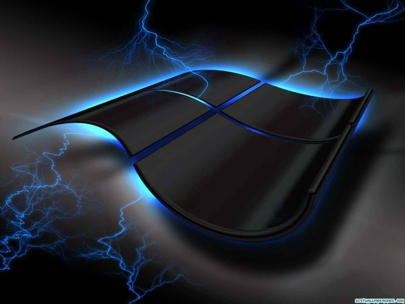 Windows logo, black, electric blue lightning, HD Desktop Wallpaper