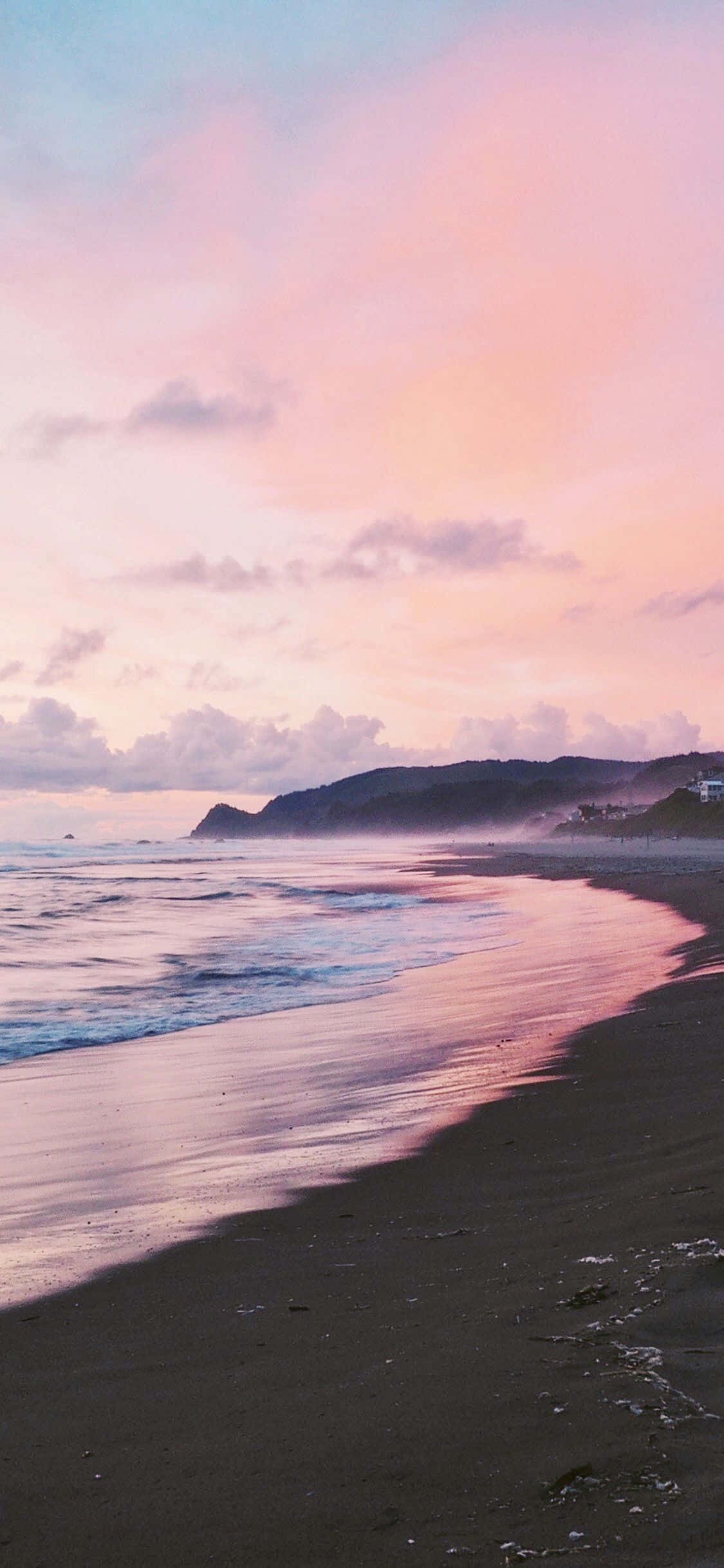 sunset, beach, pink skies, Full HD Phone Wallpaper