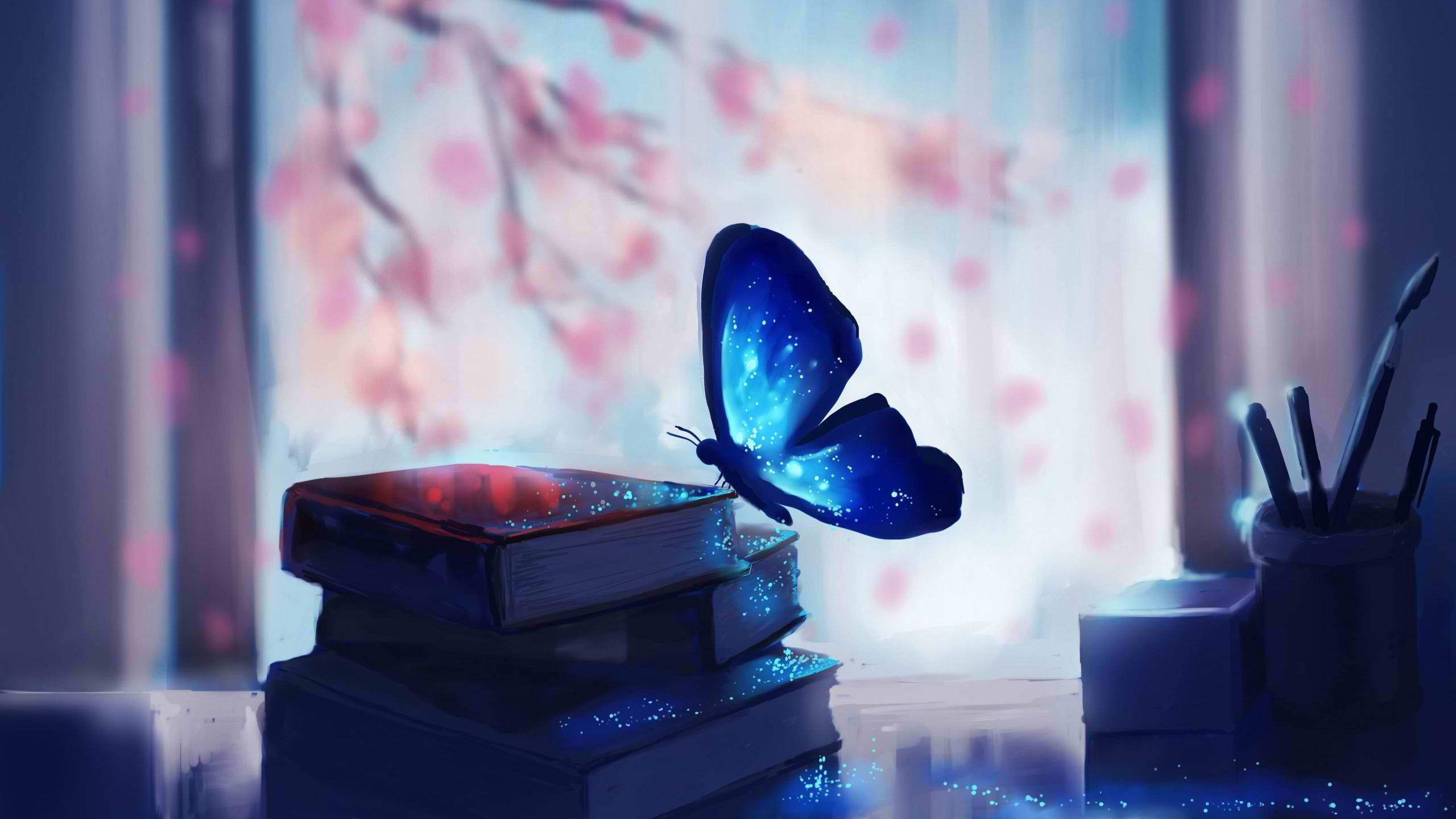 luminous blue butterfly, starry wings, stack of books, 2K Desktop Wallpaper