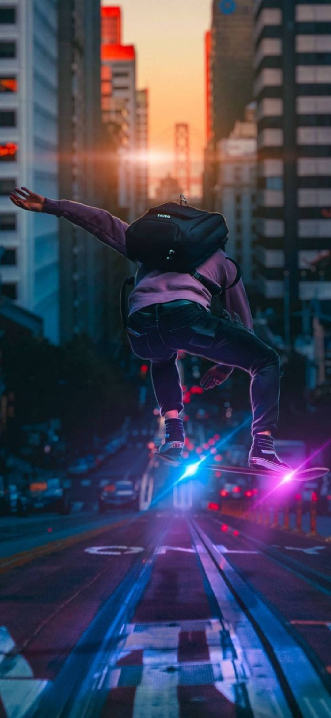 skater, neon-drenched city street, sunset, Full HD Phone Wallpaper