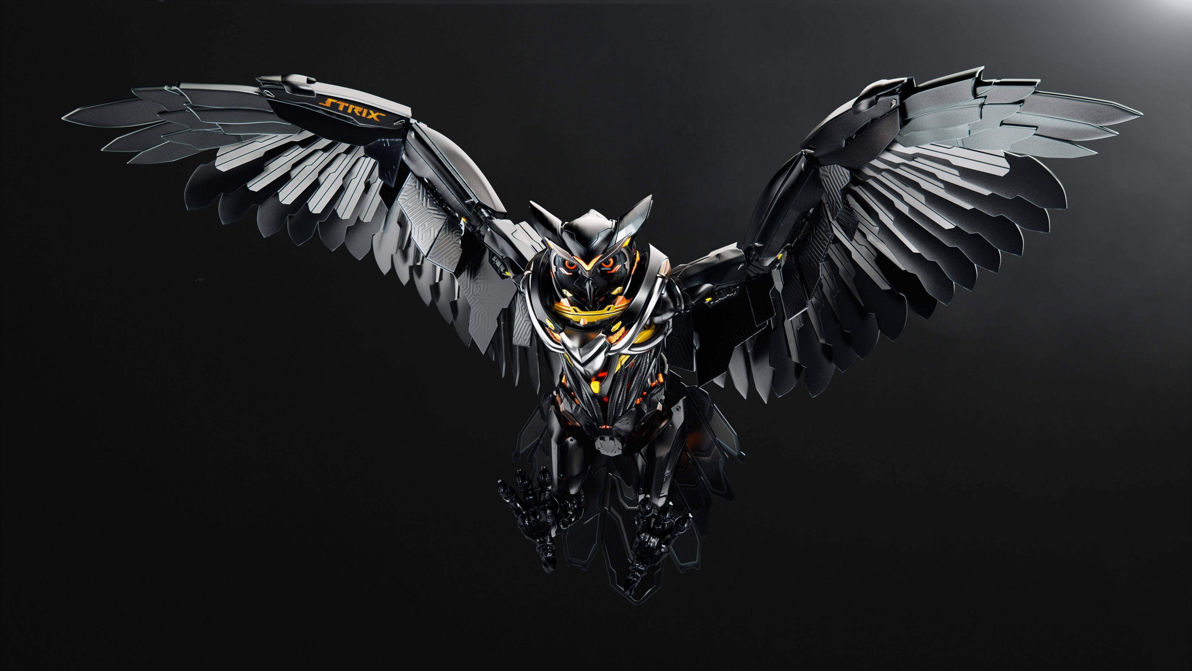 robotic owl, sleek black and gold, spread wings, 4K Desktop Wallpaper
