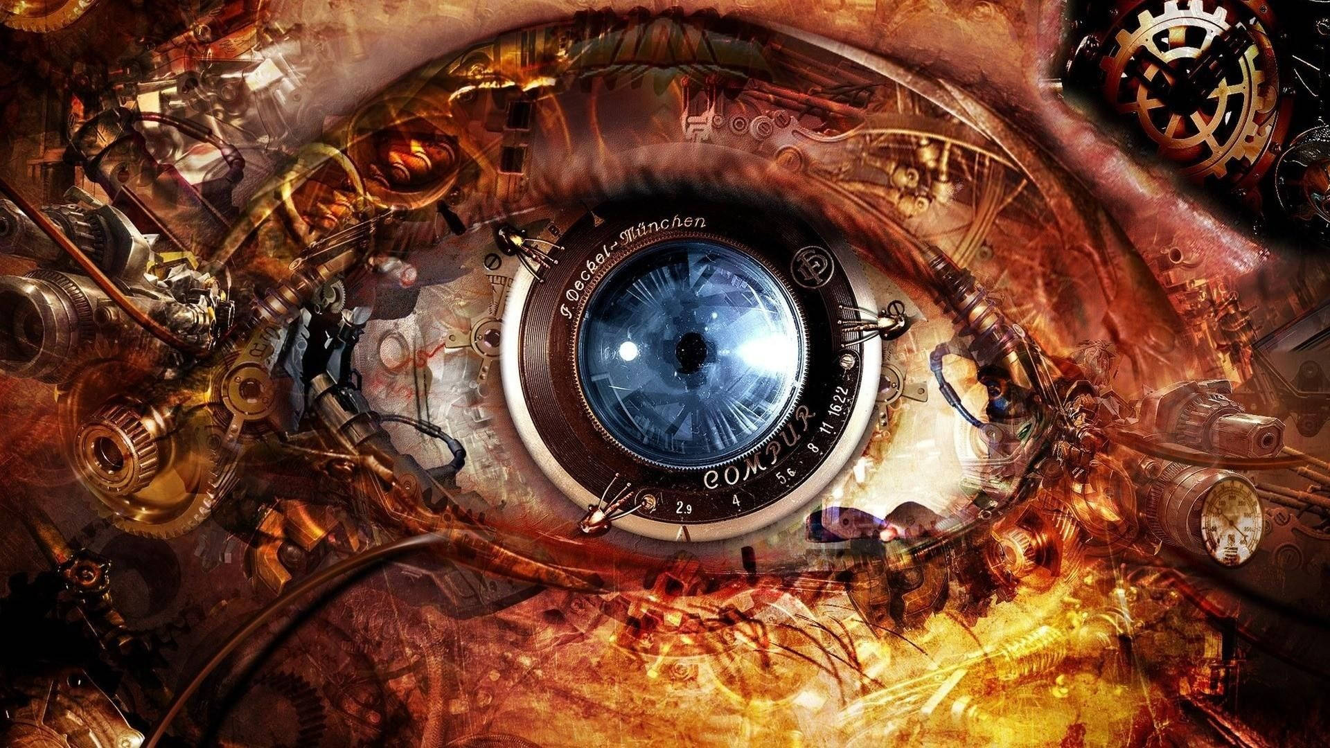 steampunk eye, camera lens iris, brass gears, Full HD Desktop Wallpaper