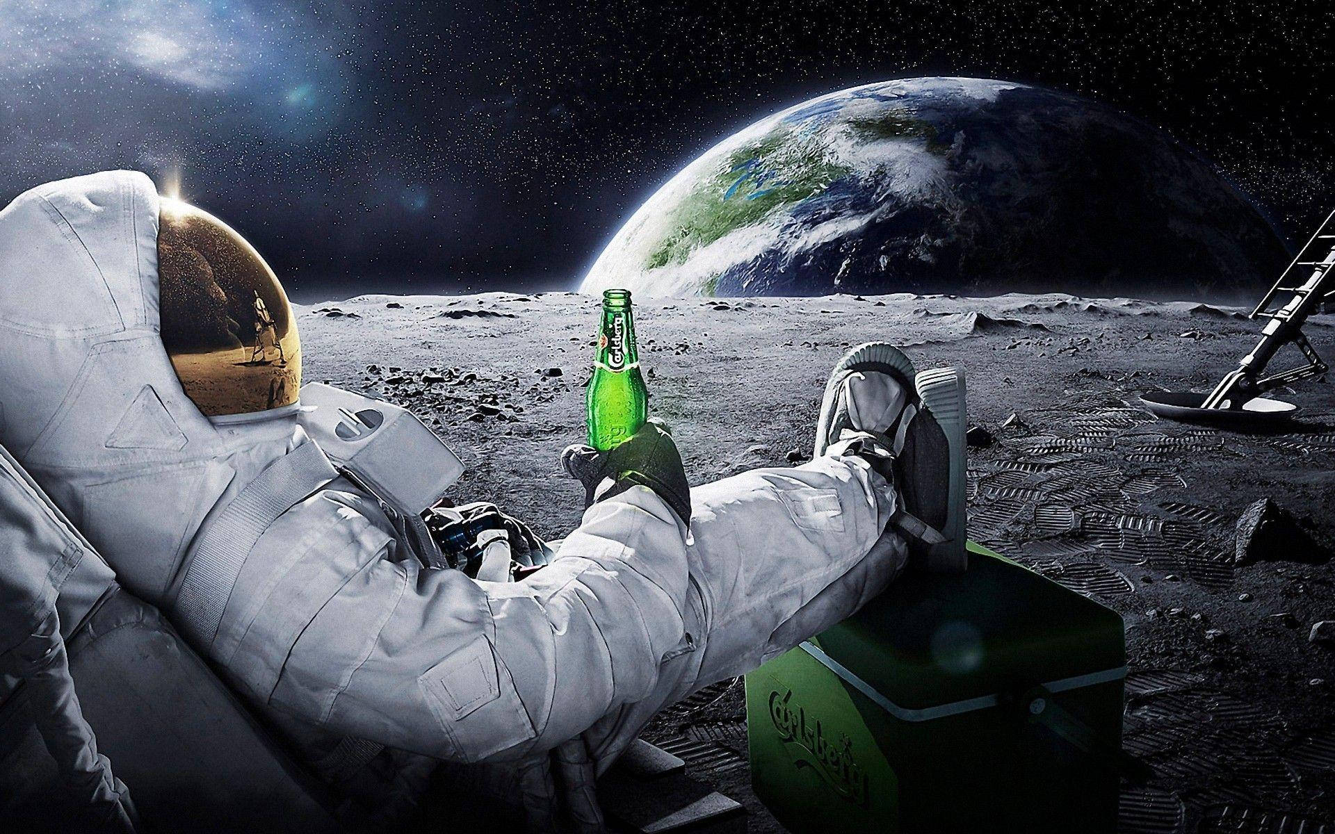 astronaut, moon, green beer bottle, Full HD Desktop Wallpaper
