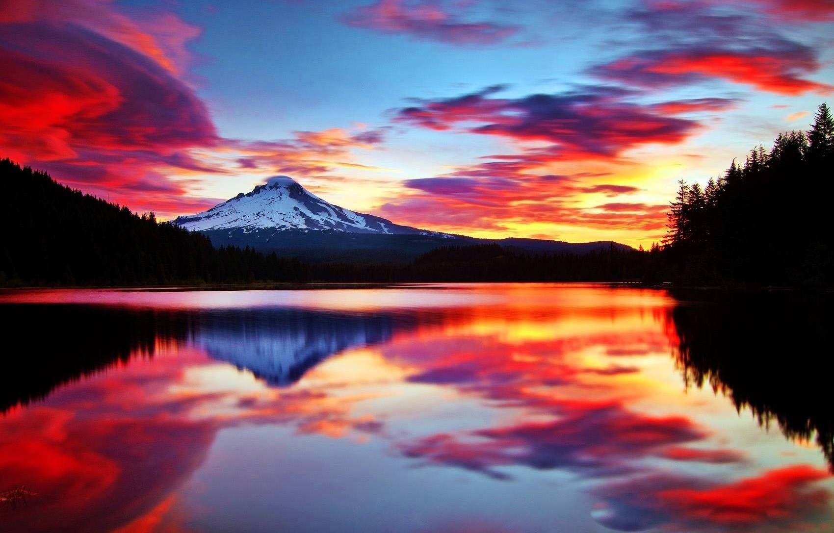 snowcapped mountain, calm lake, fiery sunset sky, HD Desktop Wallpaper