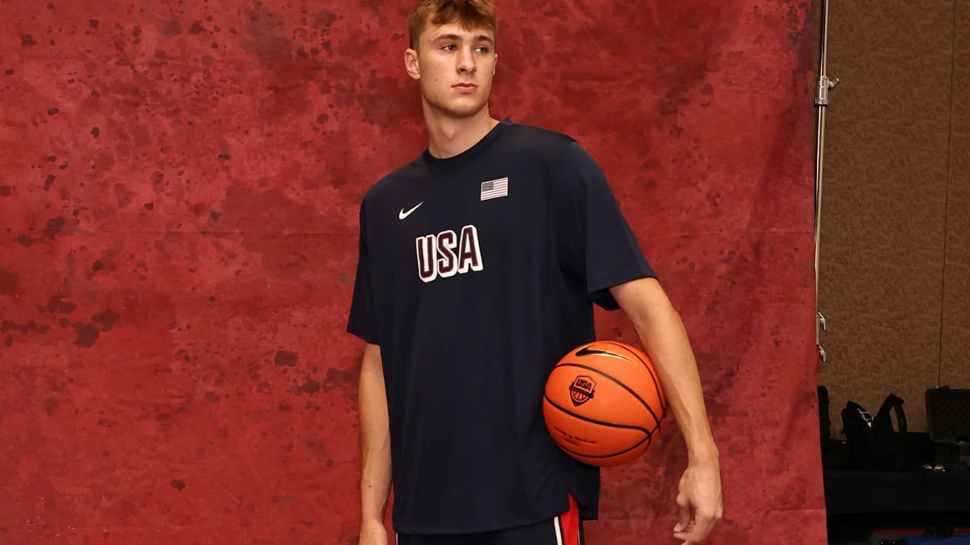 Cooper Flagg, navy USA jersey, orange basketball, Full HD Desktop Wallpaper