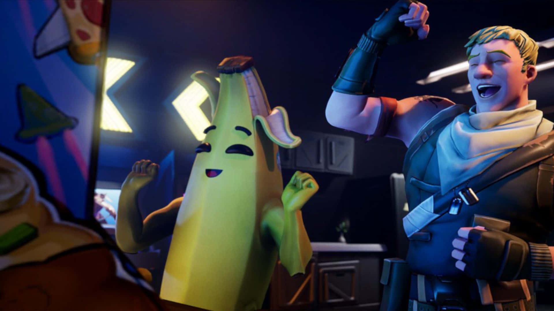 cooperative gameplay, animated banana character, triumphant gamer, Full HD Desktop Wallpaper