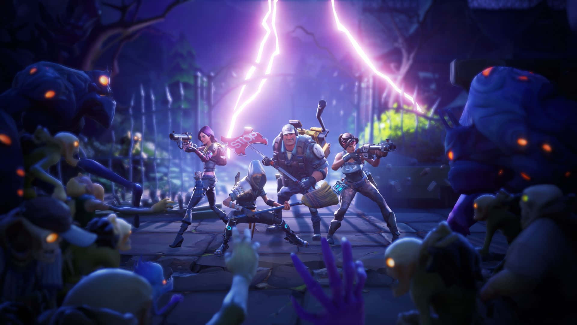 Cooperative Gameplay, purple lightning, dark forest clearing, Full HD Desktop Wallpaper