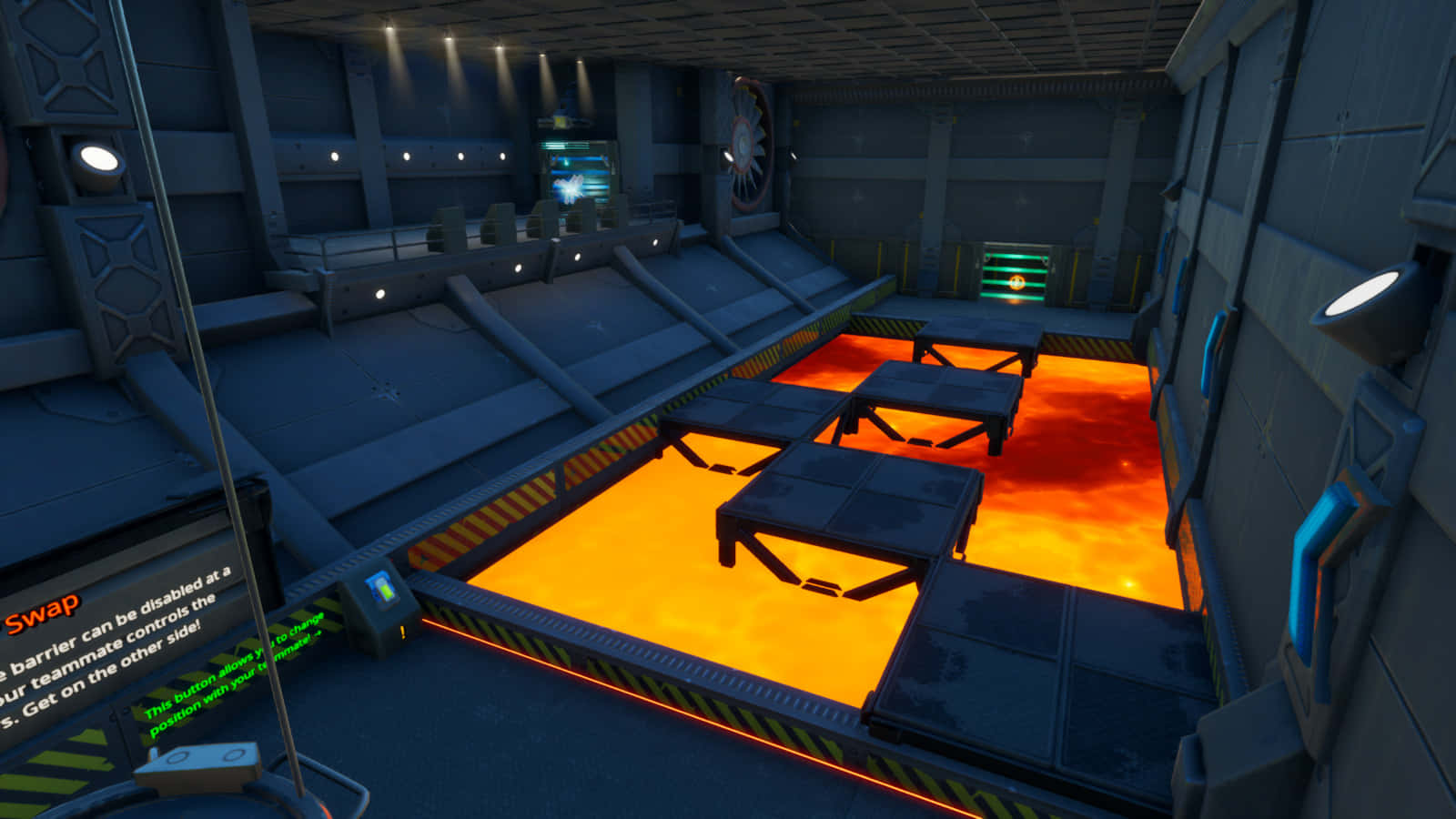 futuristic gaming arena, glowing orange lava pits, metallic platforms, HD Desktop Wallpaper