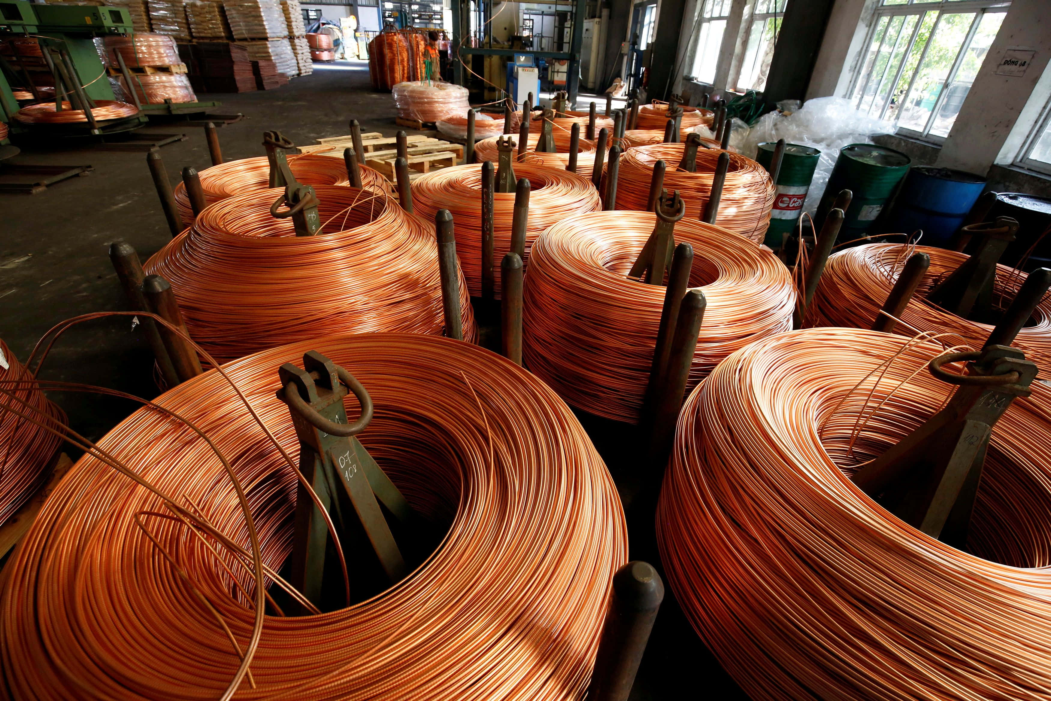 copper wire coils, industrial warehouse, wooden posts, 2K Desktop Wallpaper