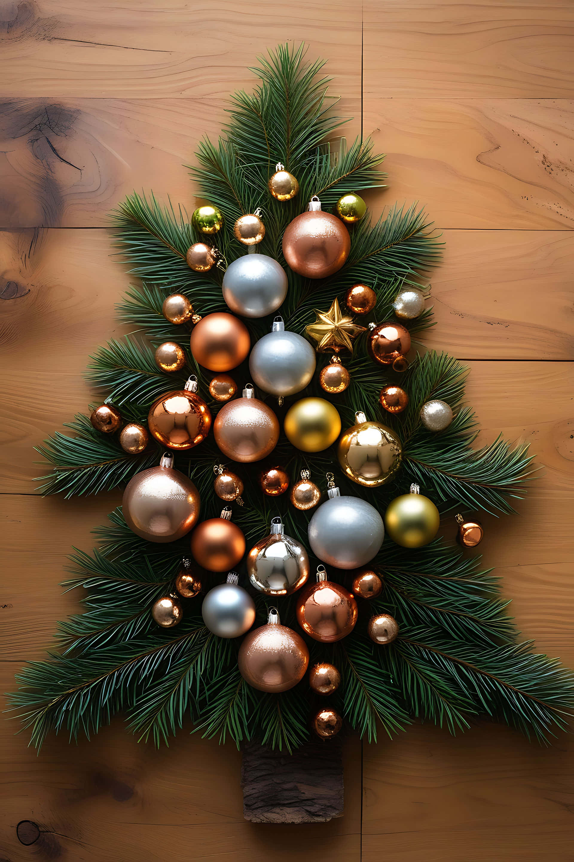 Christmas tree, green pine branches, shiny copper, 2K Phone Wallpaper