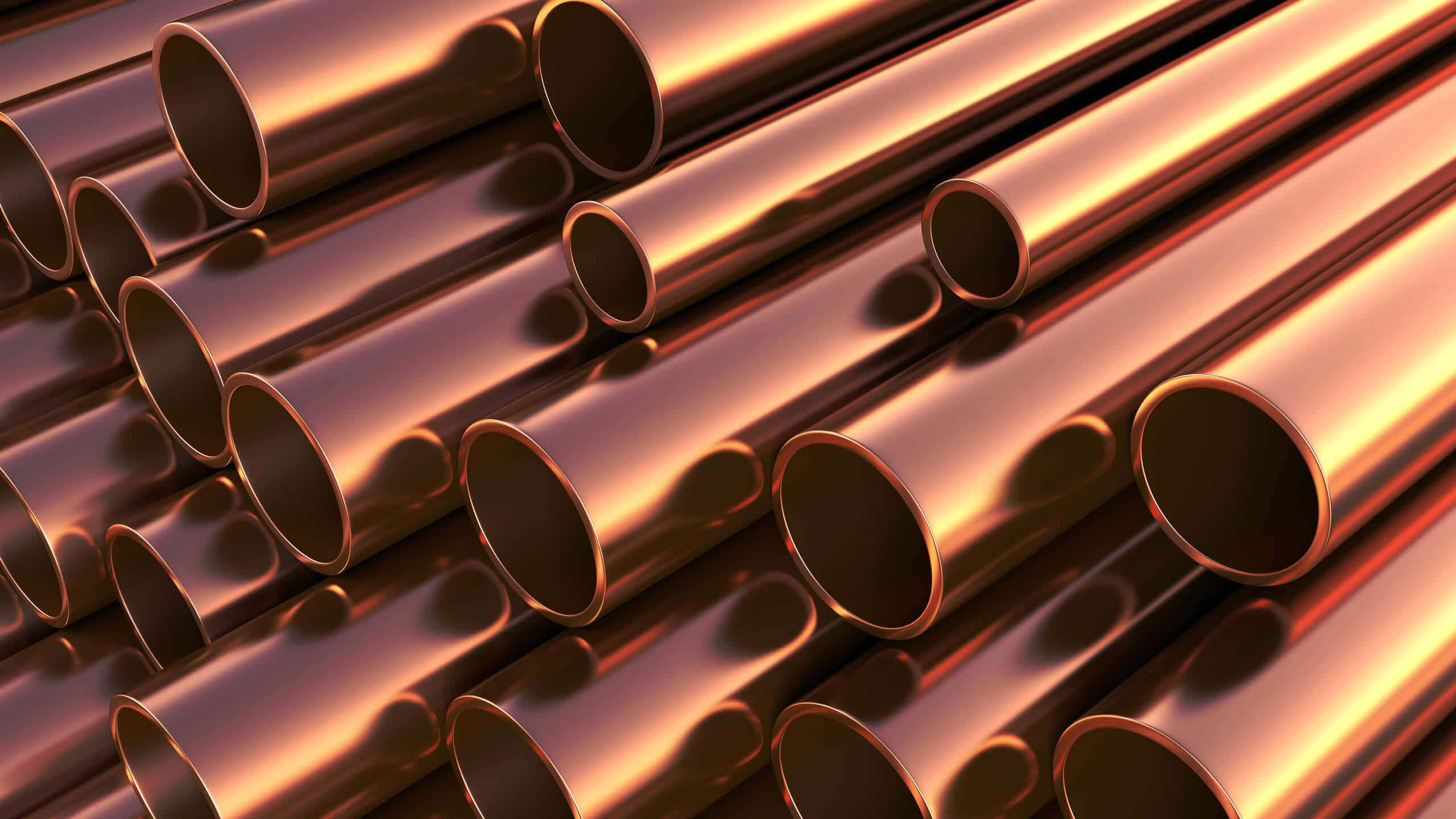 copper pipes, gleaming copper, warm golden light, 2K Desktop Wallpaper