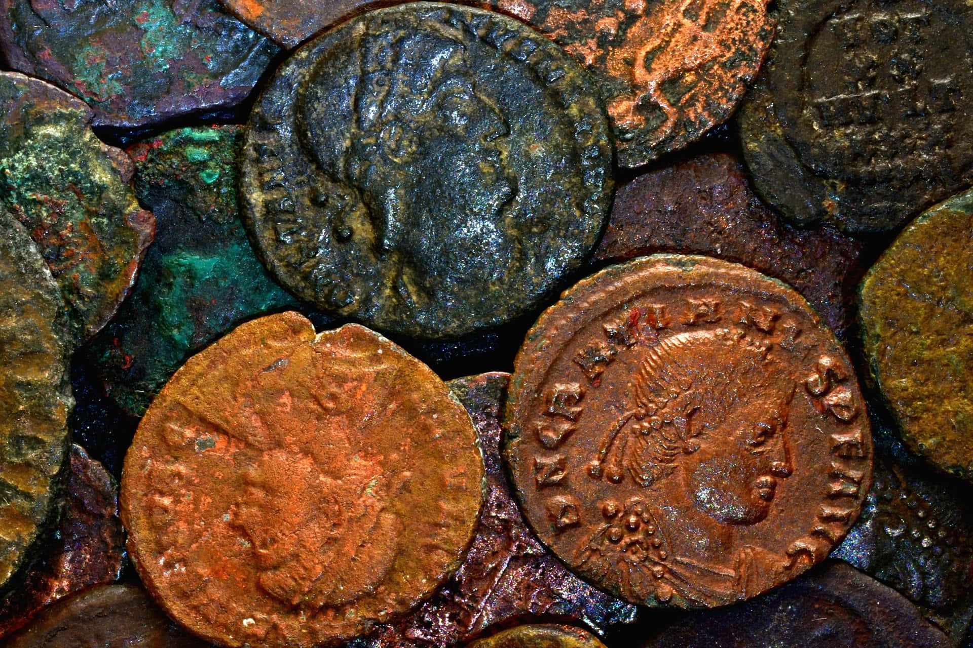 ancient copper coins, corroded coins, detailed profiles, Full HD Desktop Wallpaper