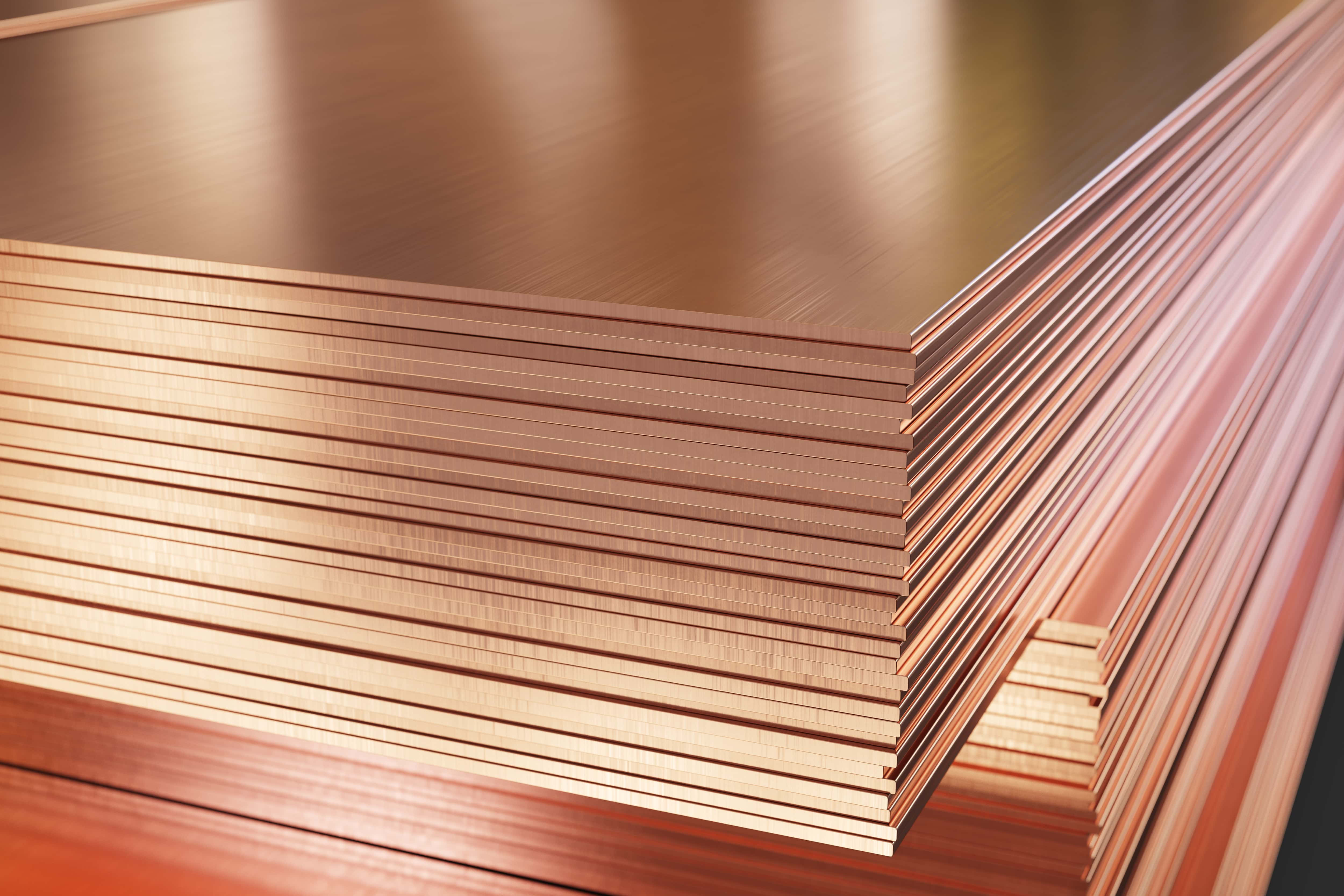 stacked copper sheets, warm metallic luster, soft lighting, 4K Desktop Wallpaper