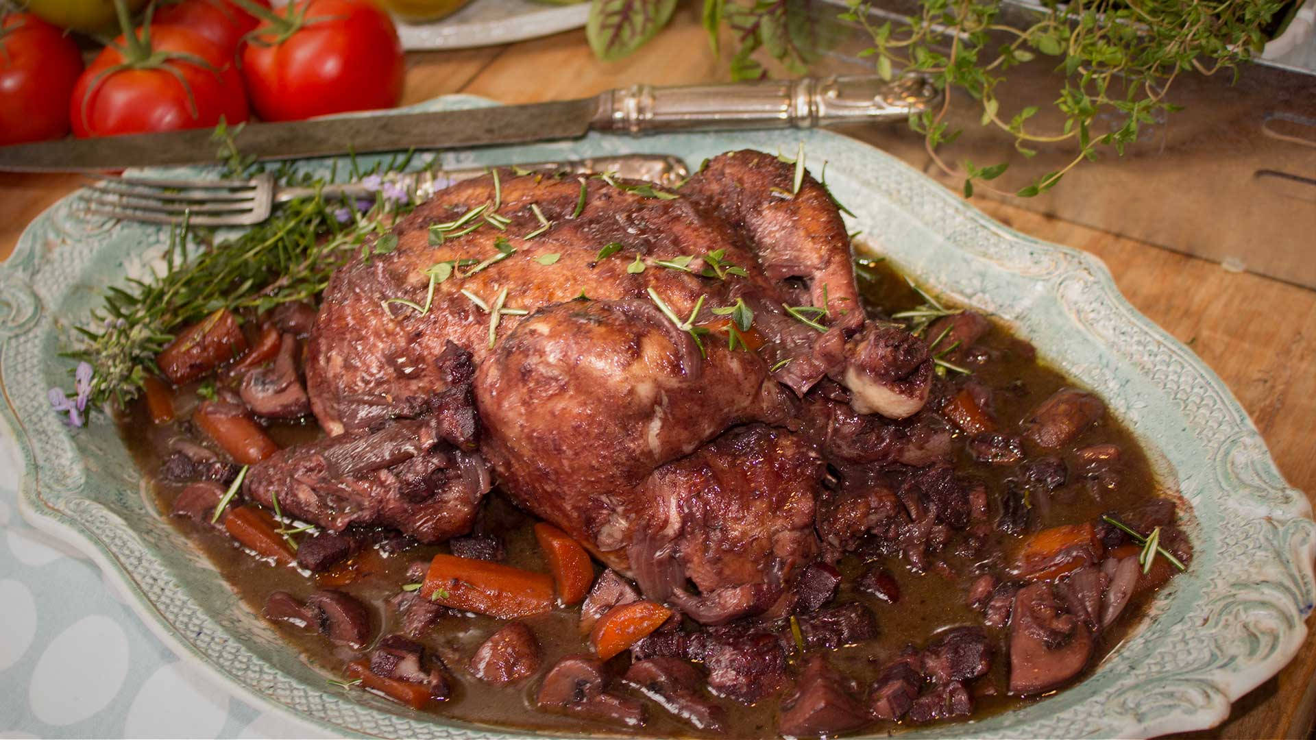 Coq Au Vin, whole braised chicken, rich brown sauce, Full HD Desktop Wallpaper