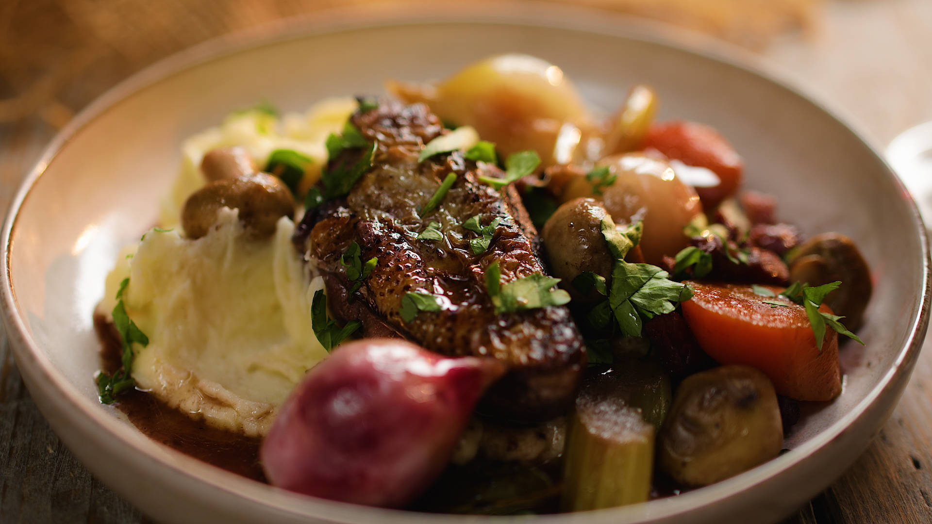 Coq Au Vin, duck breast, mashed potatoes, Full HD Desktop Wallpaper
