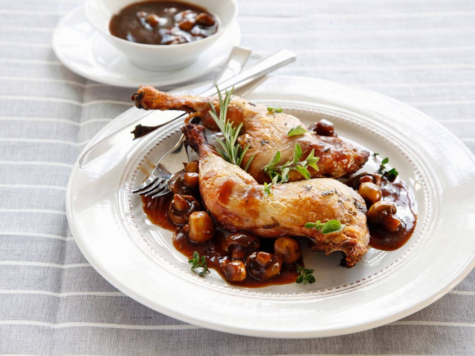 Coq Au Vin, golden roasted duck legs, rich mushroom sauce, HD Desktop Wallpaper