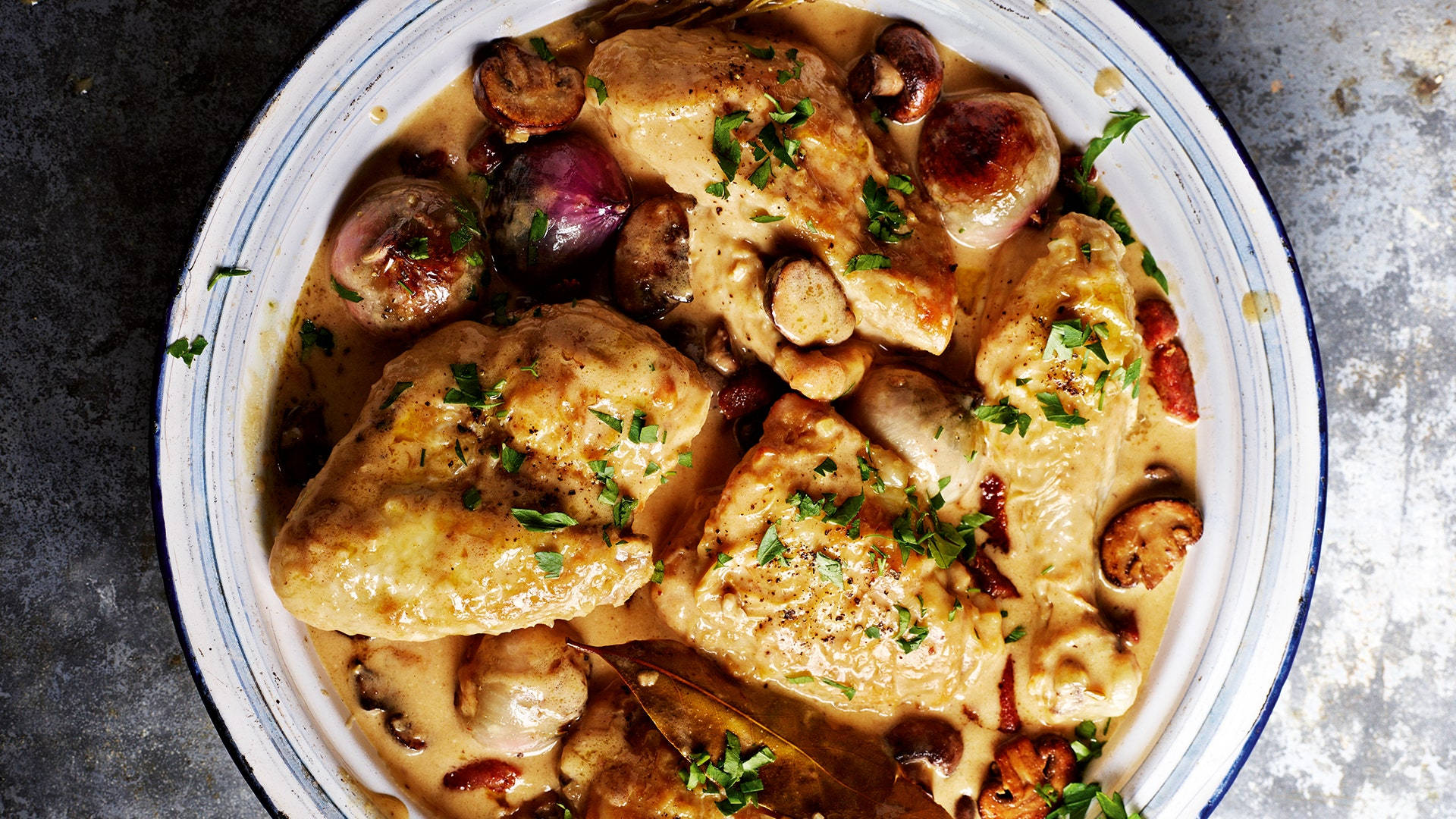 Creamy Coq Au Vin, white ceramic plate, golden chicken thighs, Full HD Desktop Wallpaper