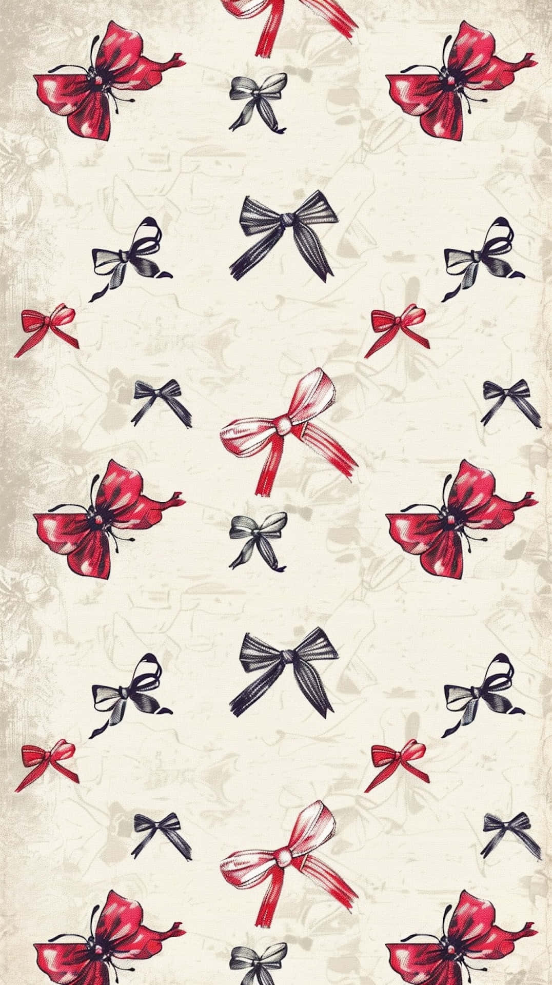 elegant bowsand flowers pattern, red and black bows, textured cream background, Full HD Phone Wallpaper