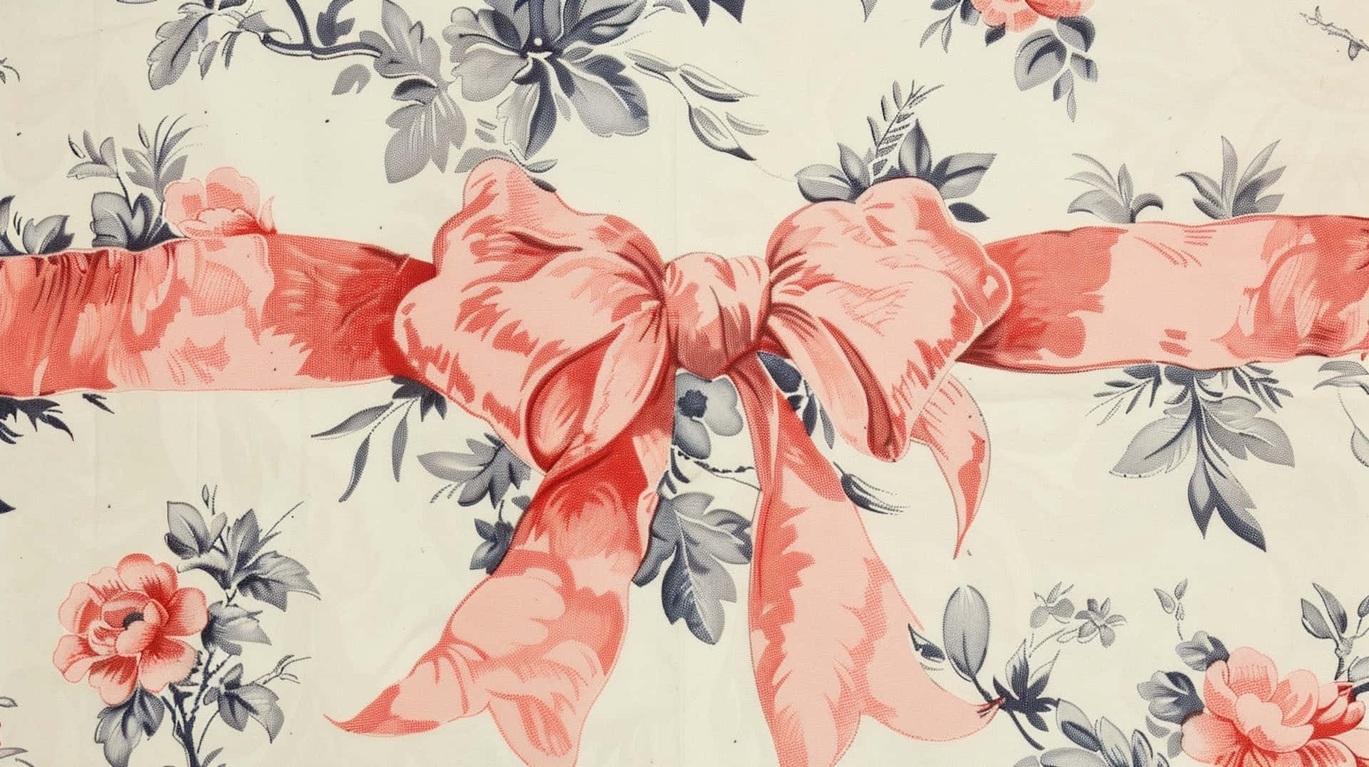 vintage floral wallpaper, coral satin bow, gray roses, Full HD Desktop Wallpaper