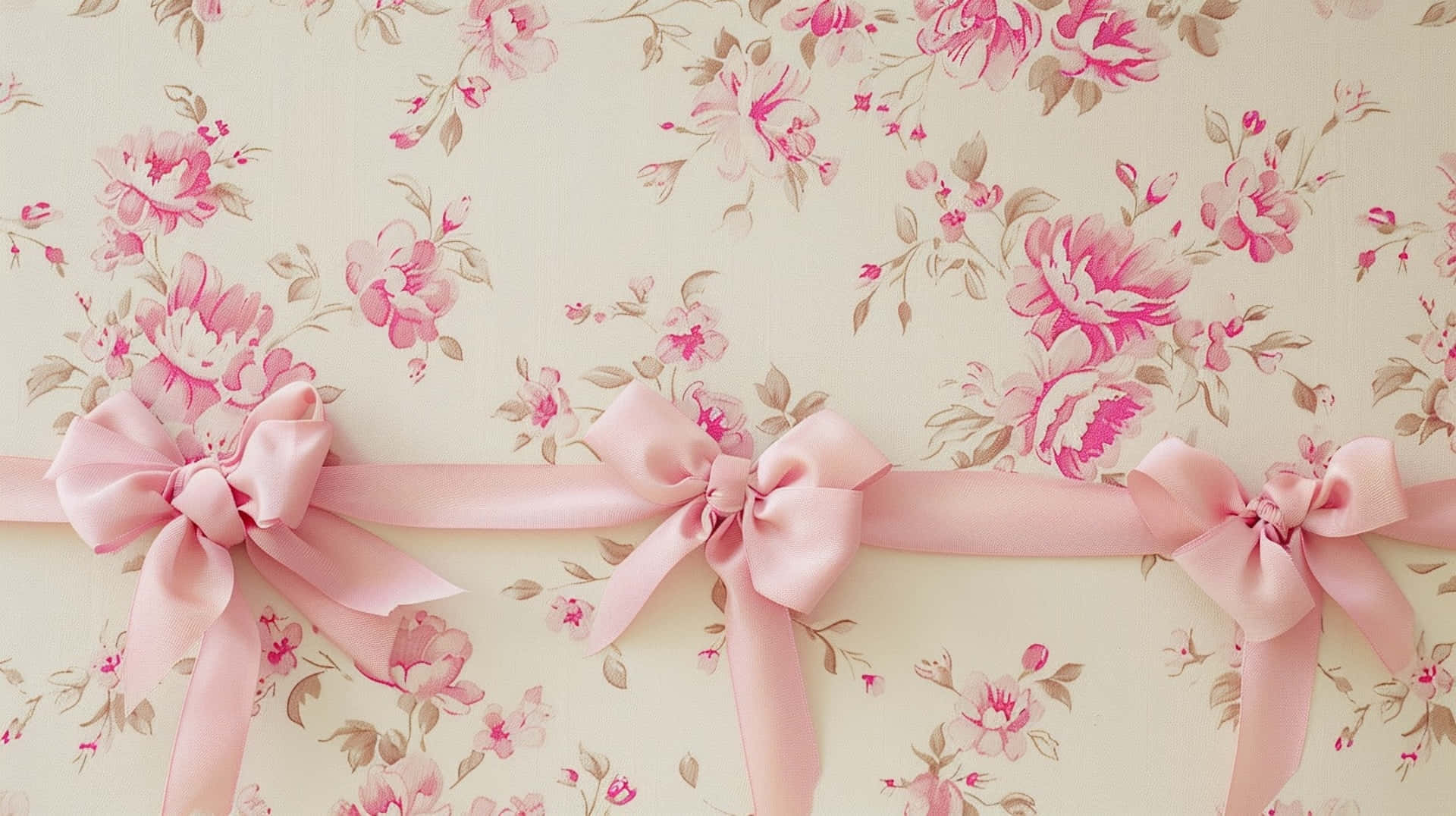 pink coquette bows, vintage floral wallpaper, delicate pink roses, Full HD Desktop Wallpaper