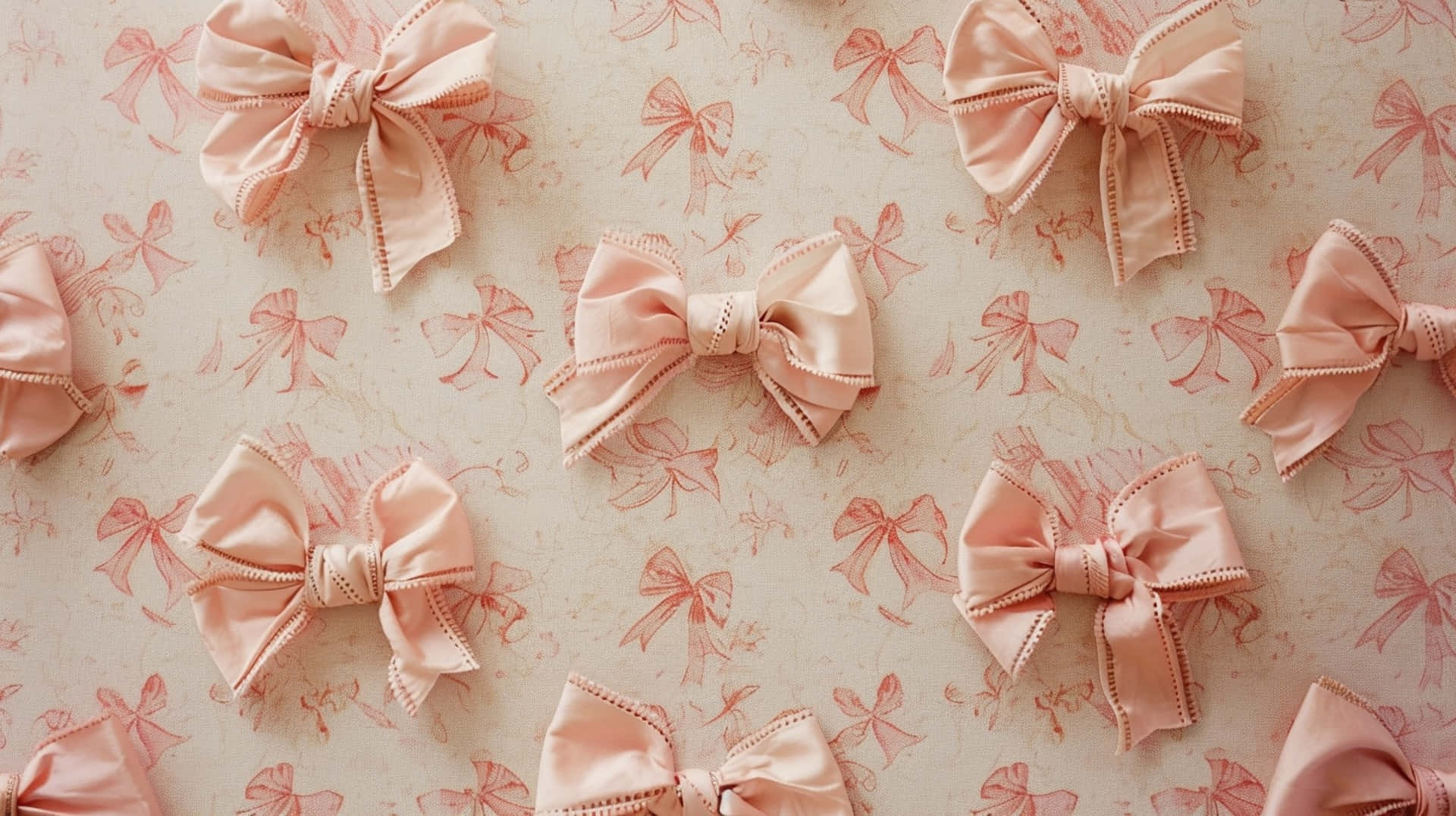 peach satin bows, stitched edges, cream background, Full HD Desktop Wallpaper