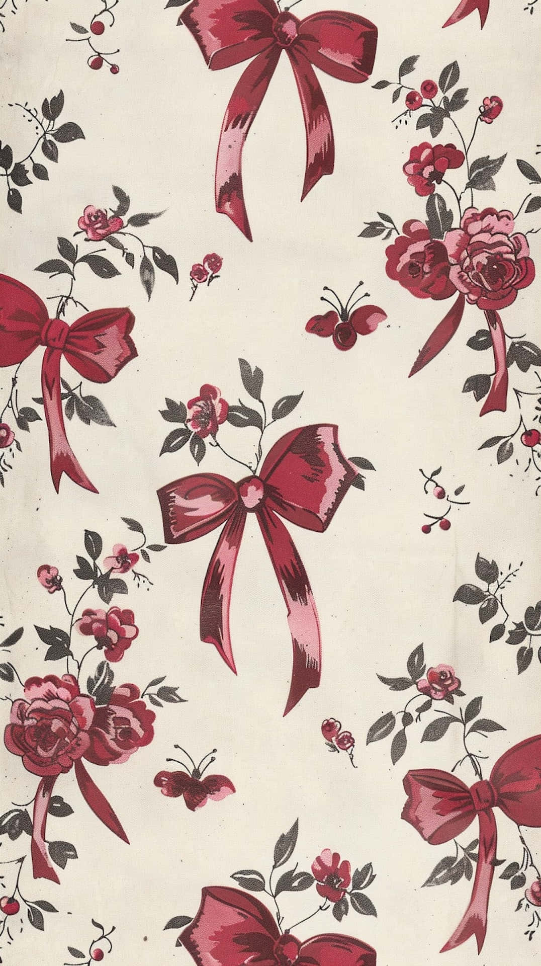 vintage floraland bow pattern, deep red bows, roses, Full HD Phone Wallpaper