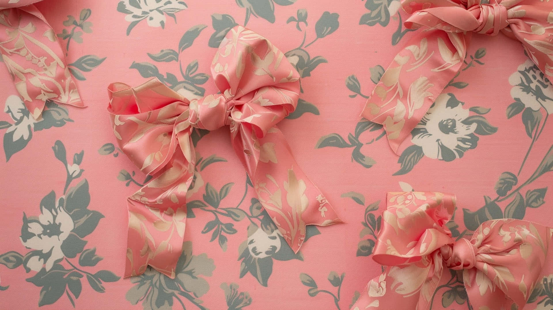 pink floral coquette bows, shiny pink satin bows, floral wallpaper, Full HD Desktop Wallpaper