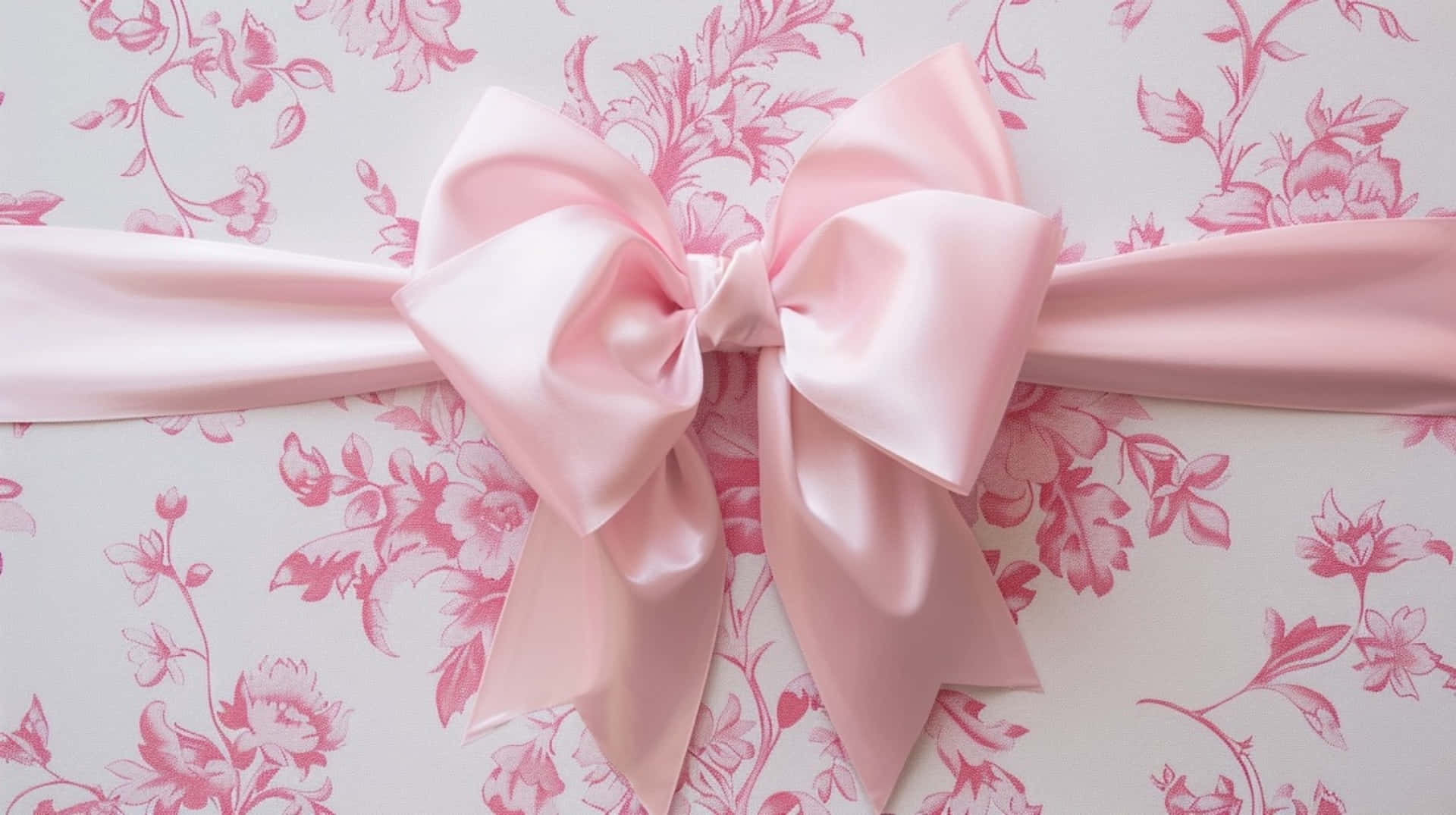 pink satin coquette bow, white wallpaper, delicate pink floral patterns, Full HD Desktop Wallpaper