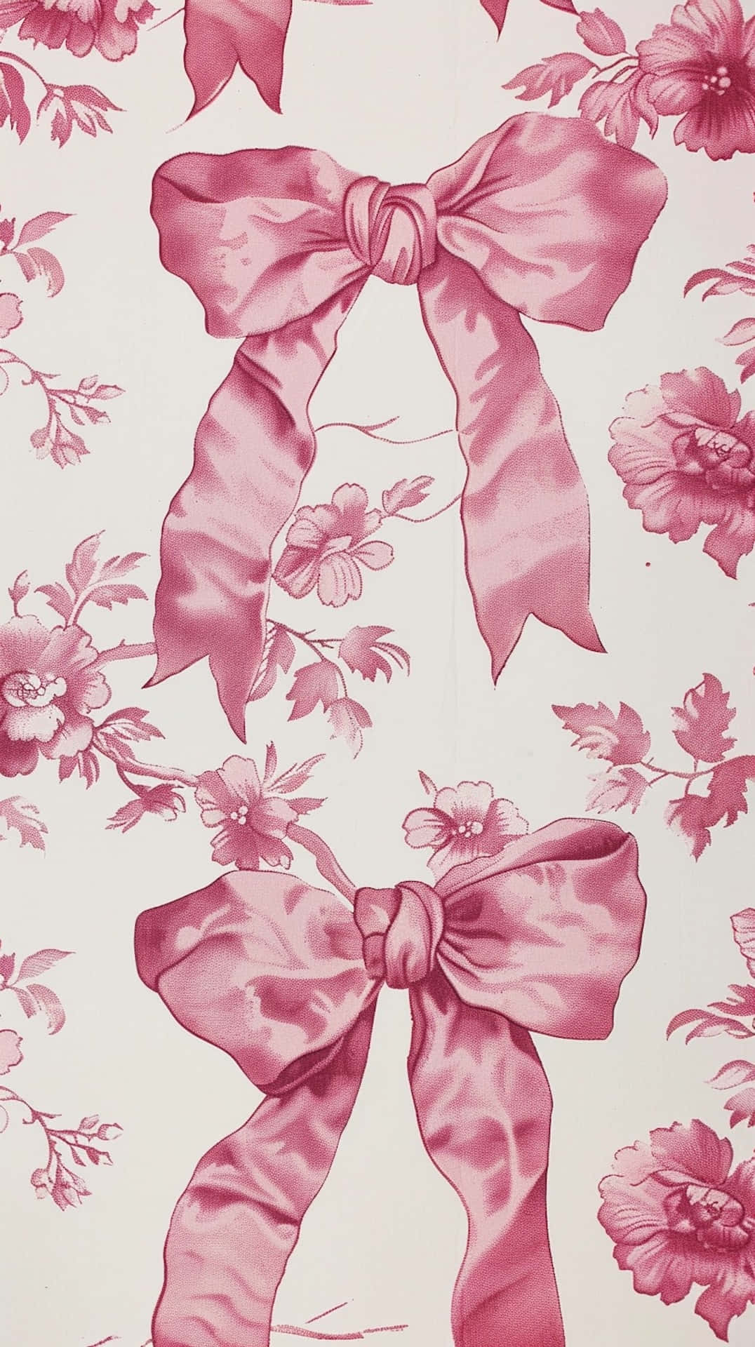 pink satin bows, floral motifs, cream background, Full HD Phone Wallpaper