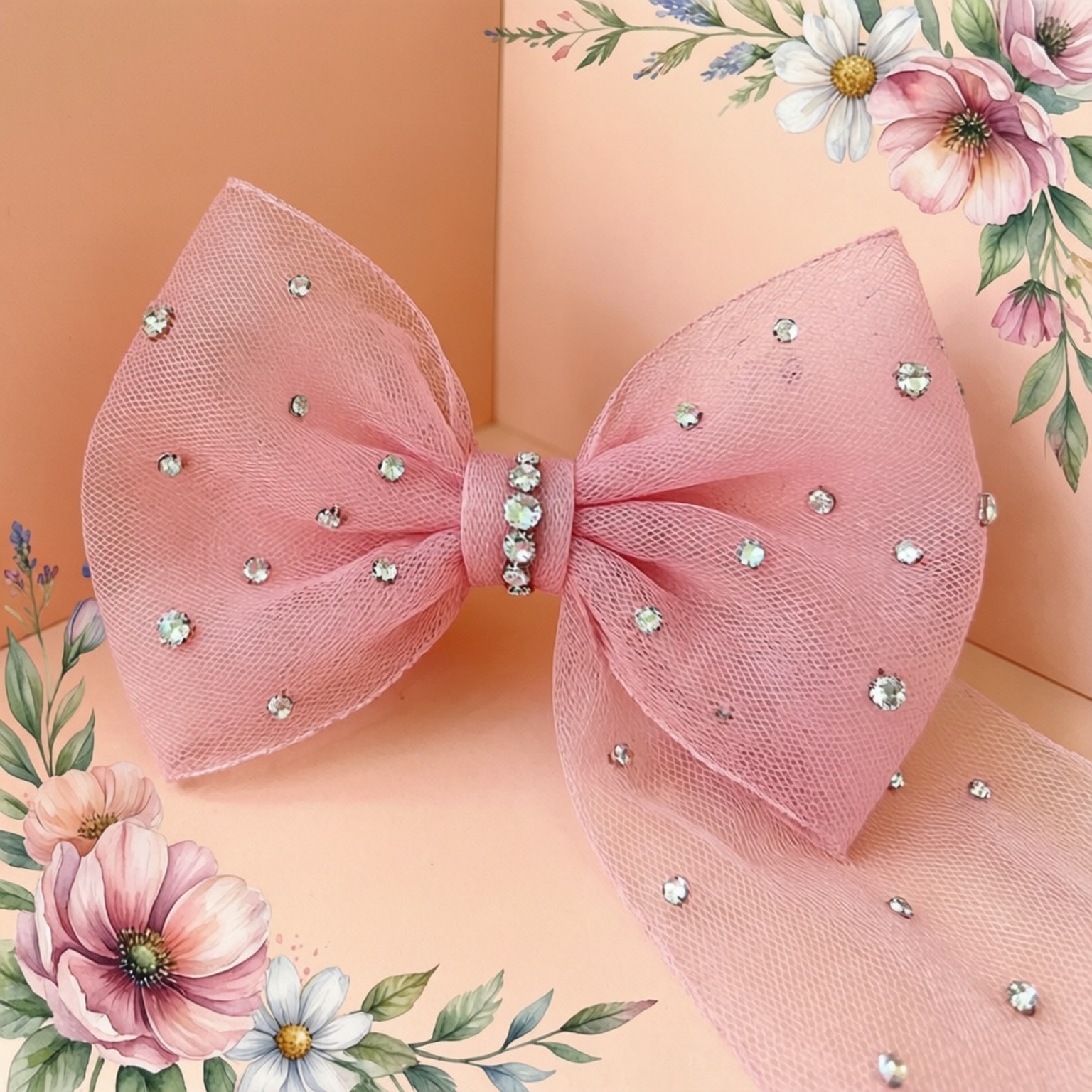 tulle crystal bow, watercolor flower background, pink tulle bow, HD Desktop Wallpaper