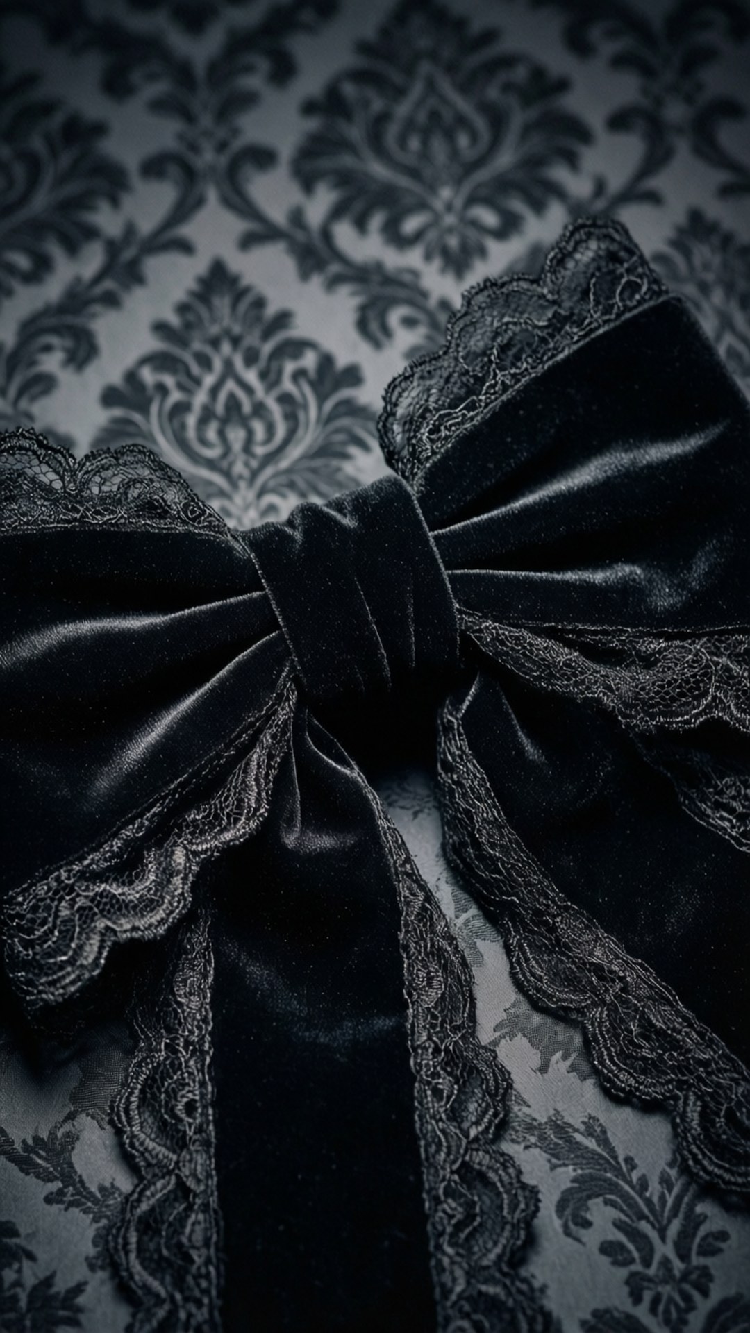 black velvet bow, intricate lace trim, dark damask wallpaper, Full HD Phone Wallpaper