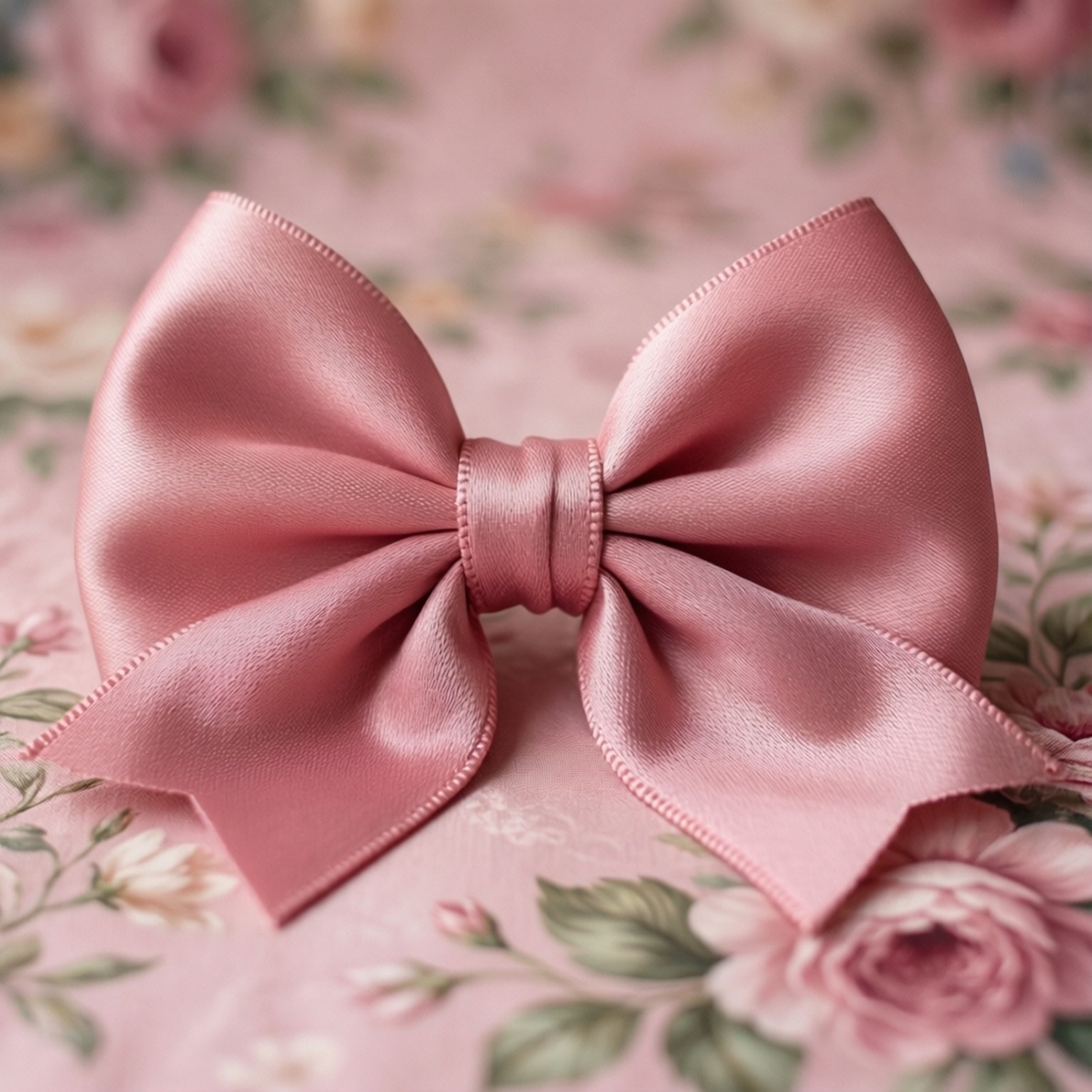 pink satin coquette bow, floral patterned fabric, blurred rose motifs, HD Desktop Wallpaper