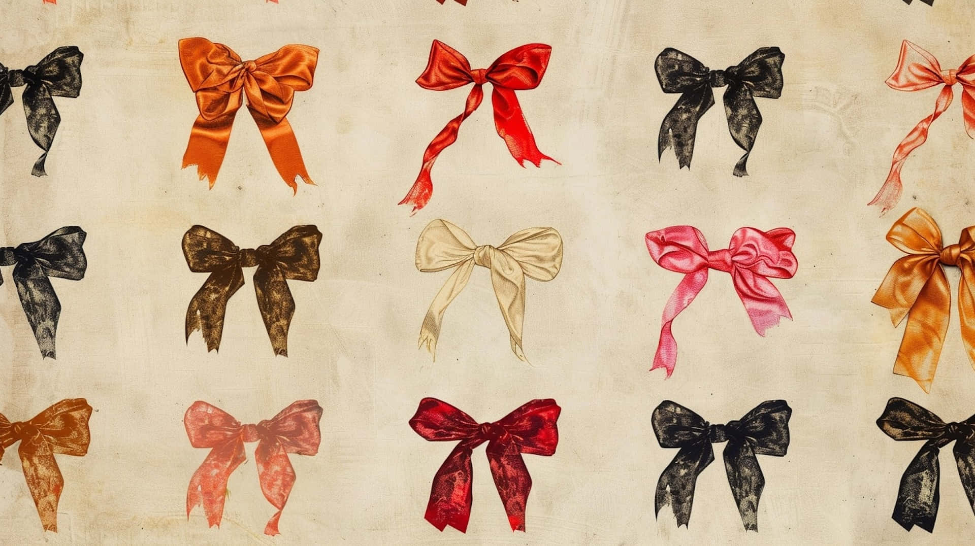 vintage bow pattern, glossy satin bows, red orange pink, Full HD Desktop Wallpaper
