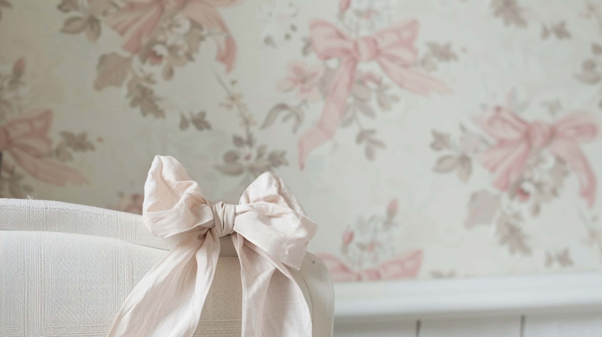 blush bow, cream chair, vintage floral wallpaper, Full HD Desktop Wallpaper