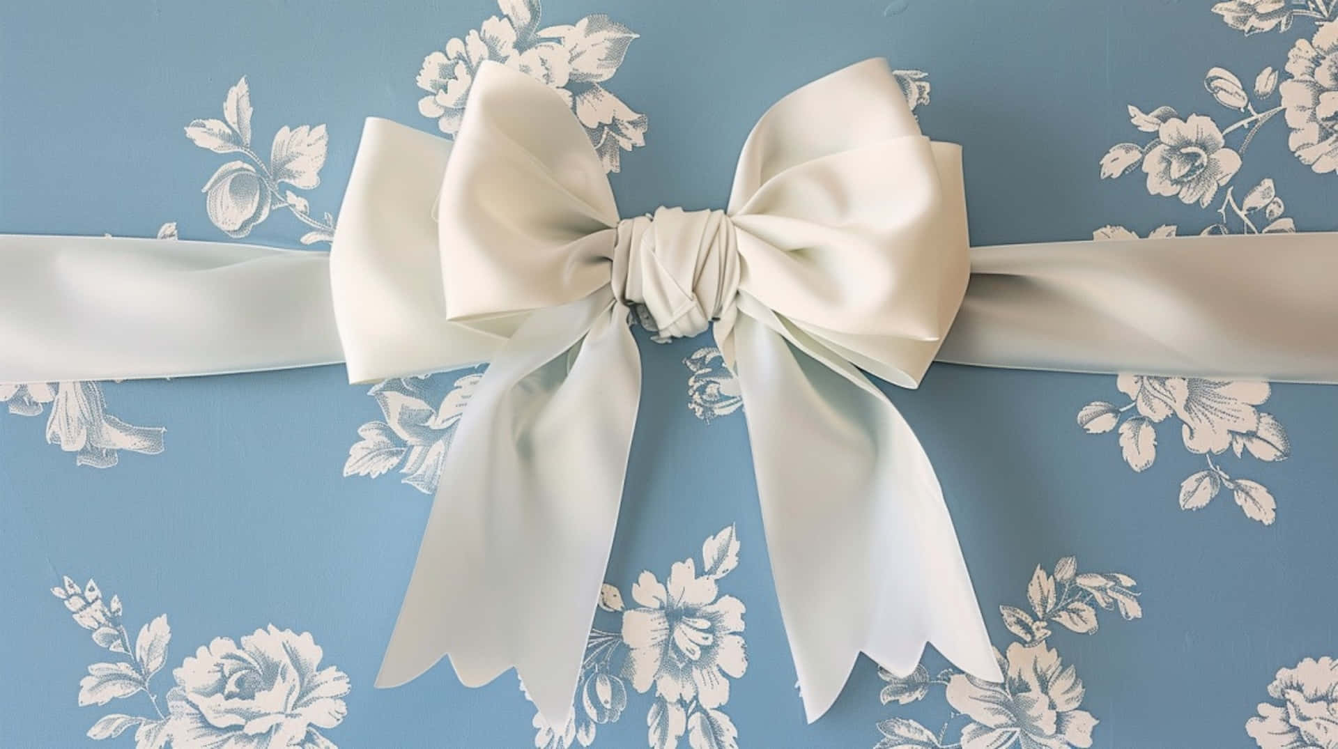 cream satin bow, light blue wallpaper, white floral patterns, Full HD Desktop Wallpaper