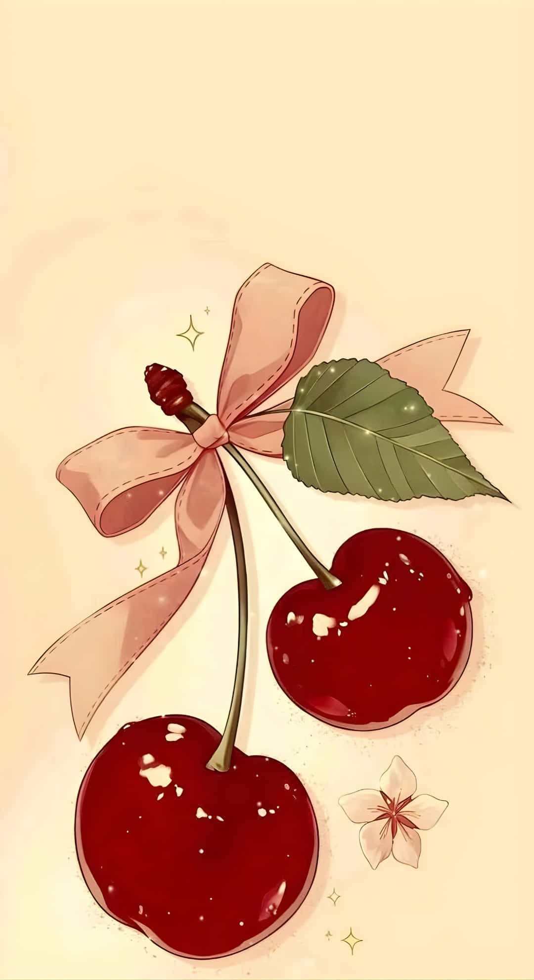 Coquette Cherry, glossy red cherries, soft pink bow, Full HD Phone Wallpaper