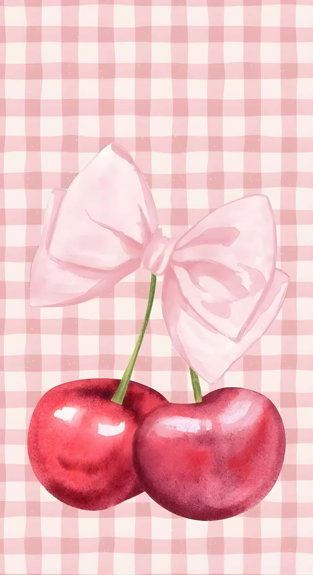Coquette Cherry, glossy red cherries, green stems, Full HD Phone Wallpaper
