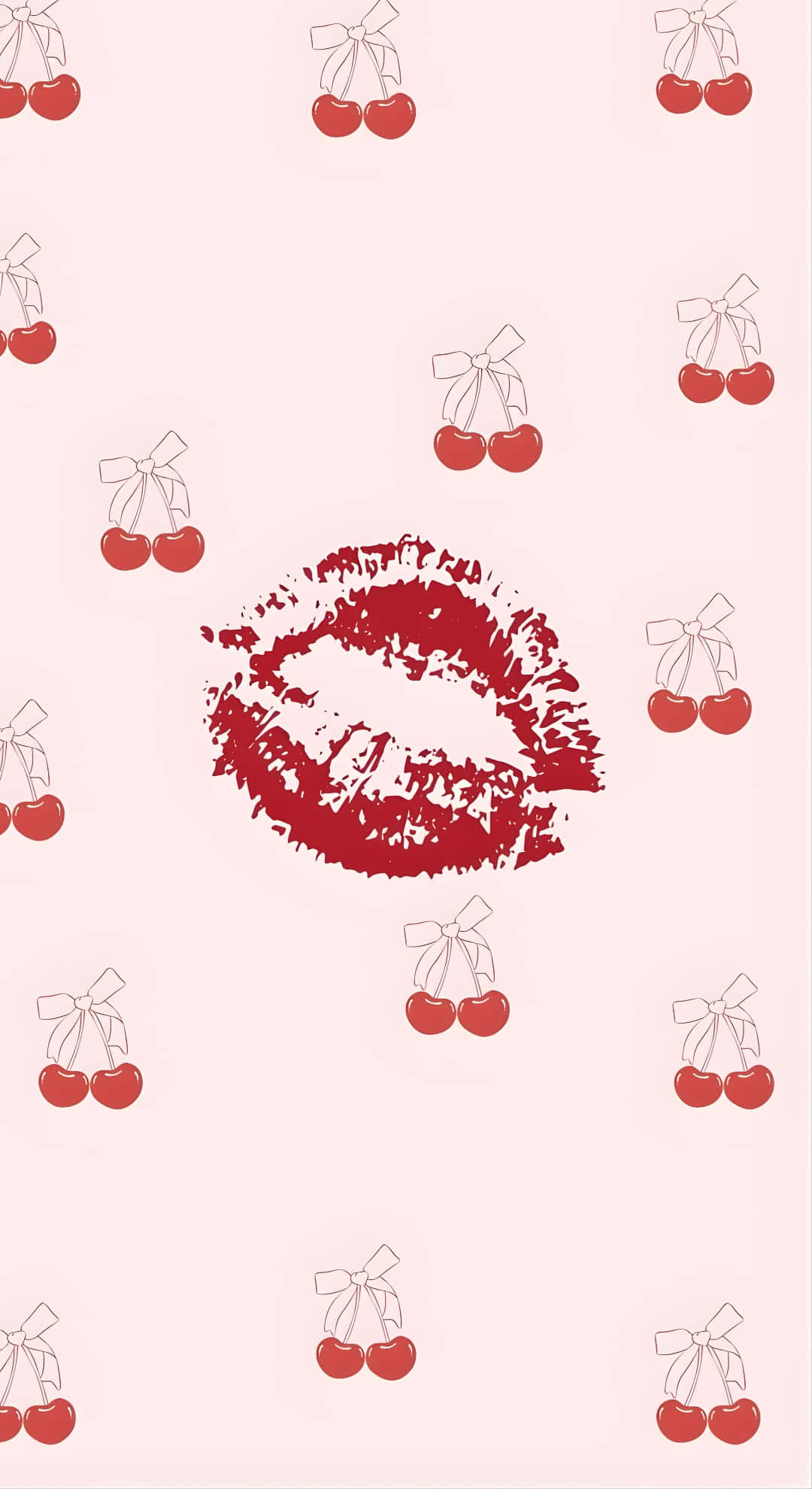 Coquette Cherry, kiss pattern, pale pink background, Full HD Phone Wallpaper