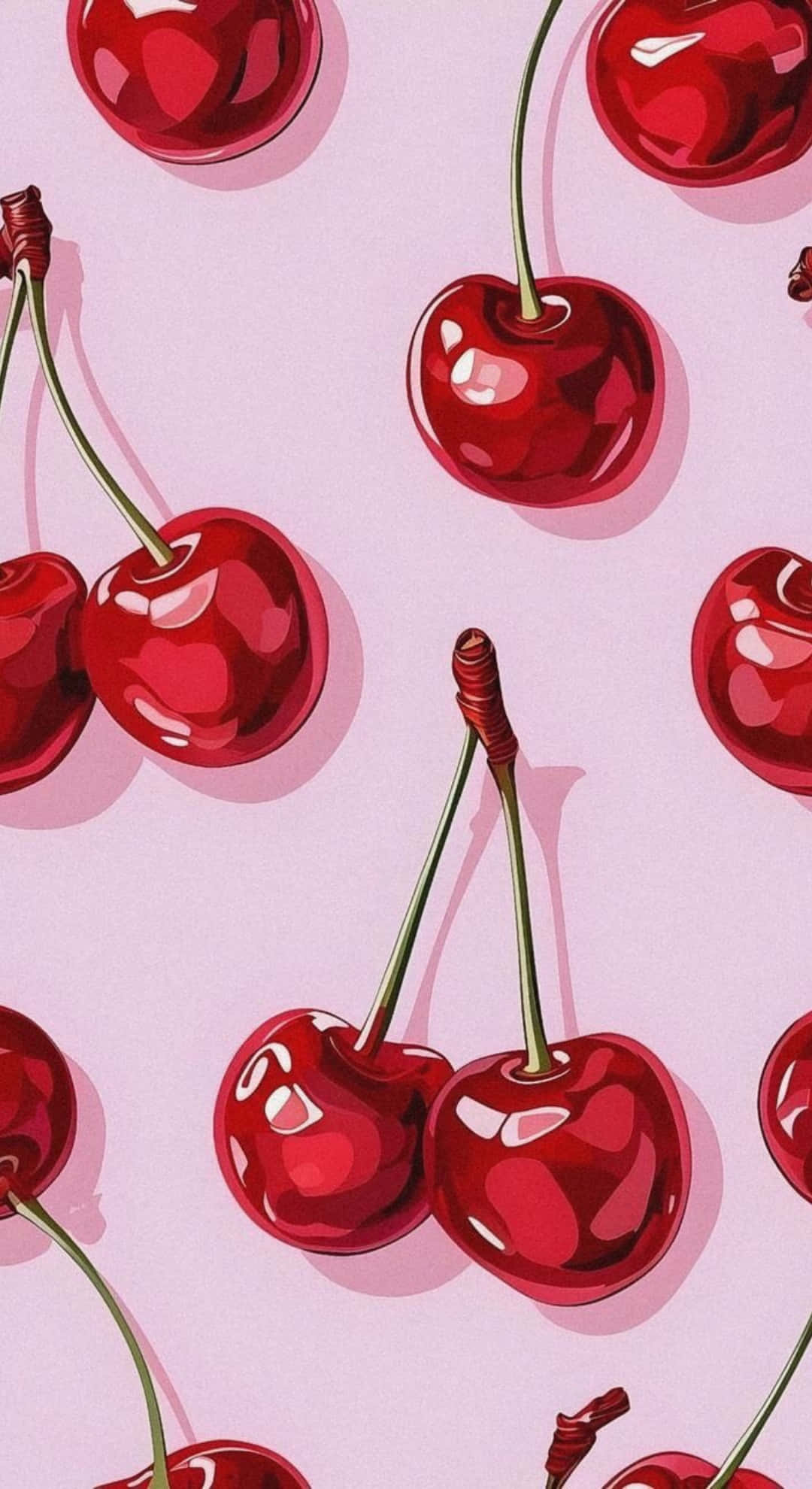Coquette Cherry, glossy red cherries, green stems, Full HD Phone Wallpaper