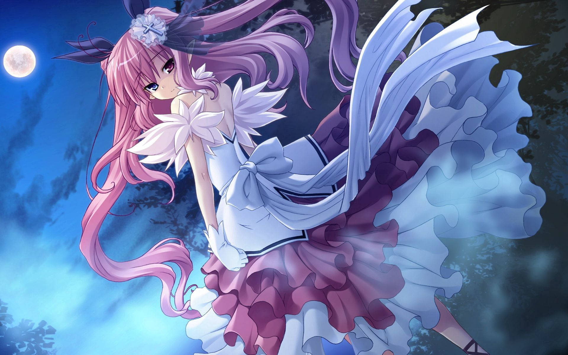 Coquette, pink-haired anime girl, full moon, Full HD Desktop Wallpaper