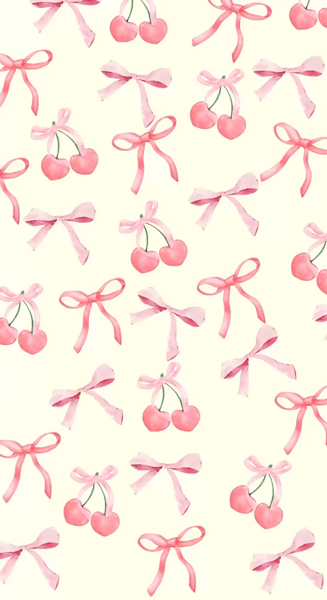 Coquette Cherry, watercolor pink cherries, bows, Full HD Phone Wallpaper
