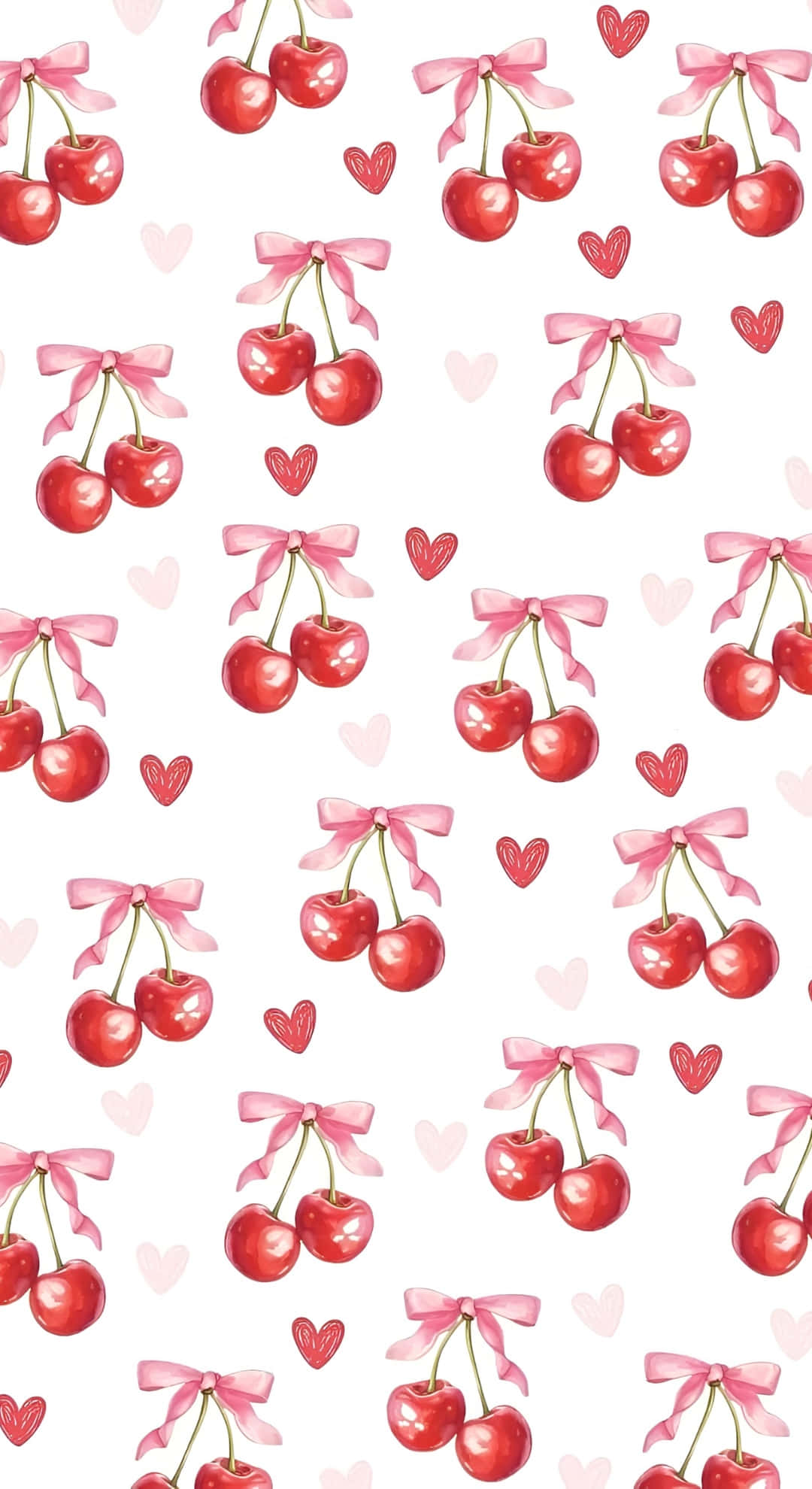Coquette Cherry, glossy red cherries, pink bows, Full HD Phone Wallpaper