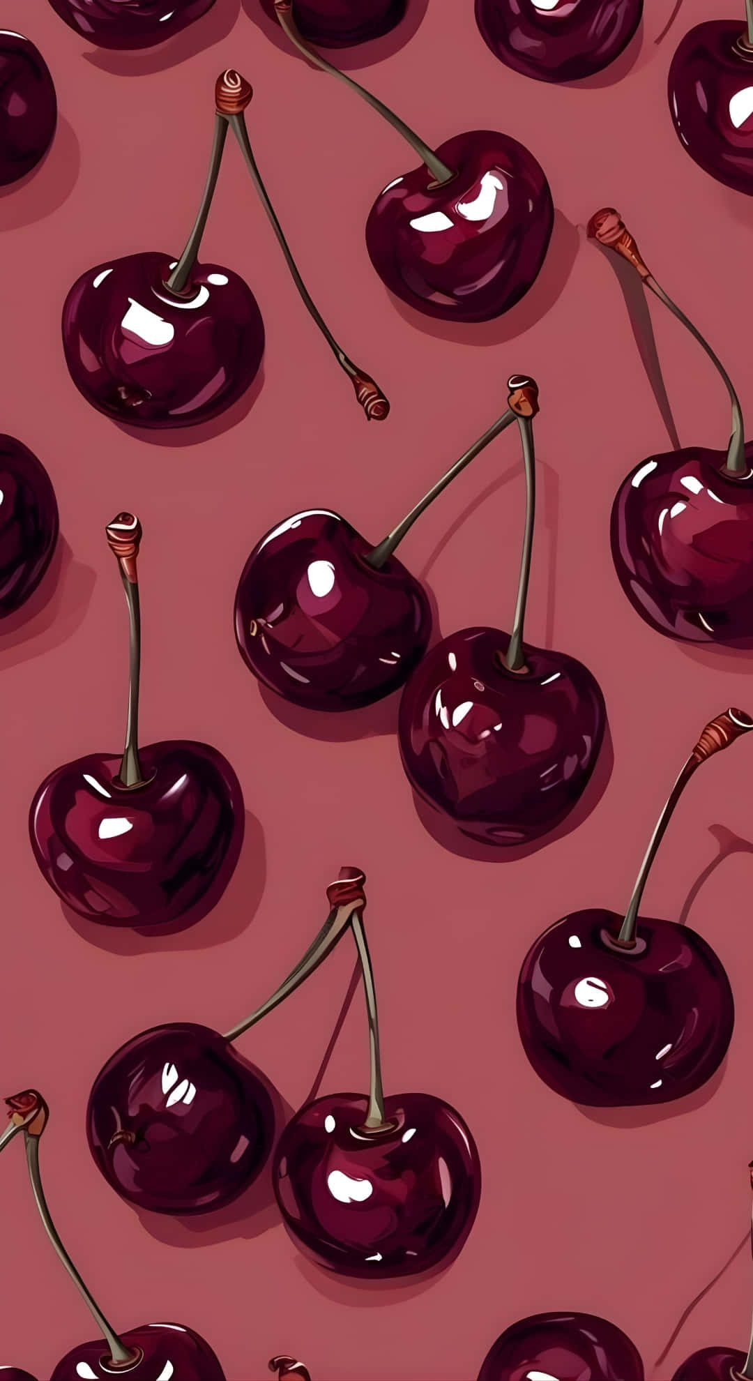 Coquette Cherry, shiny dark red cherries, green stems, Full HD Phone Wallpaper