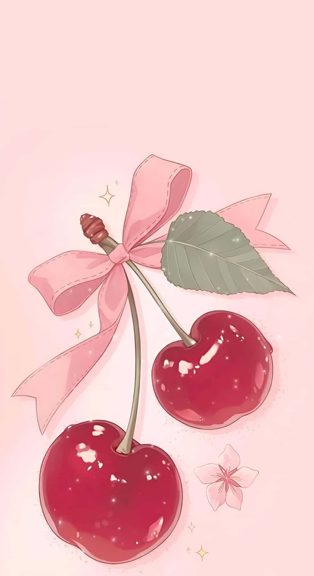 Coquette Cherry, glossy red cherries, soft pink bow, Full HD Phone Wallpaper